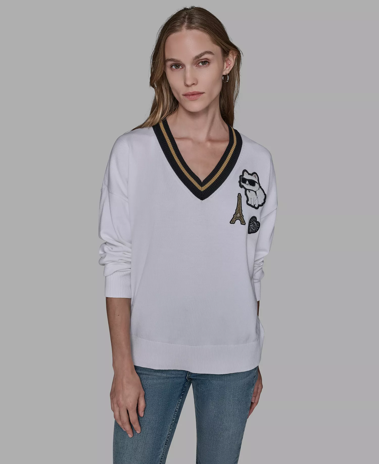 Women's Patch Detail Sweater - Soft White/ Black - L