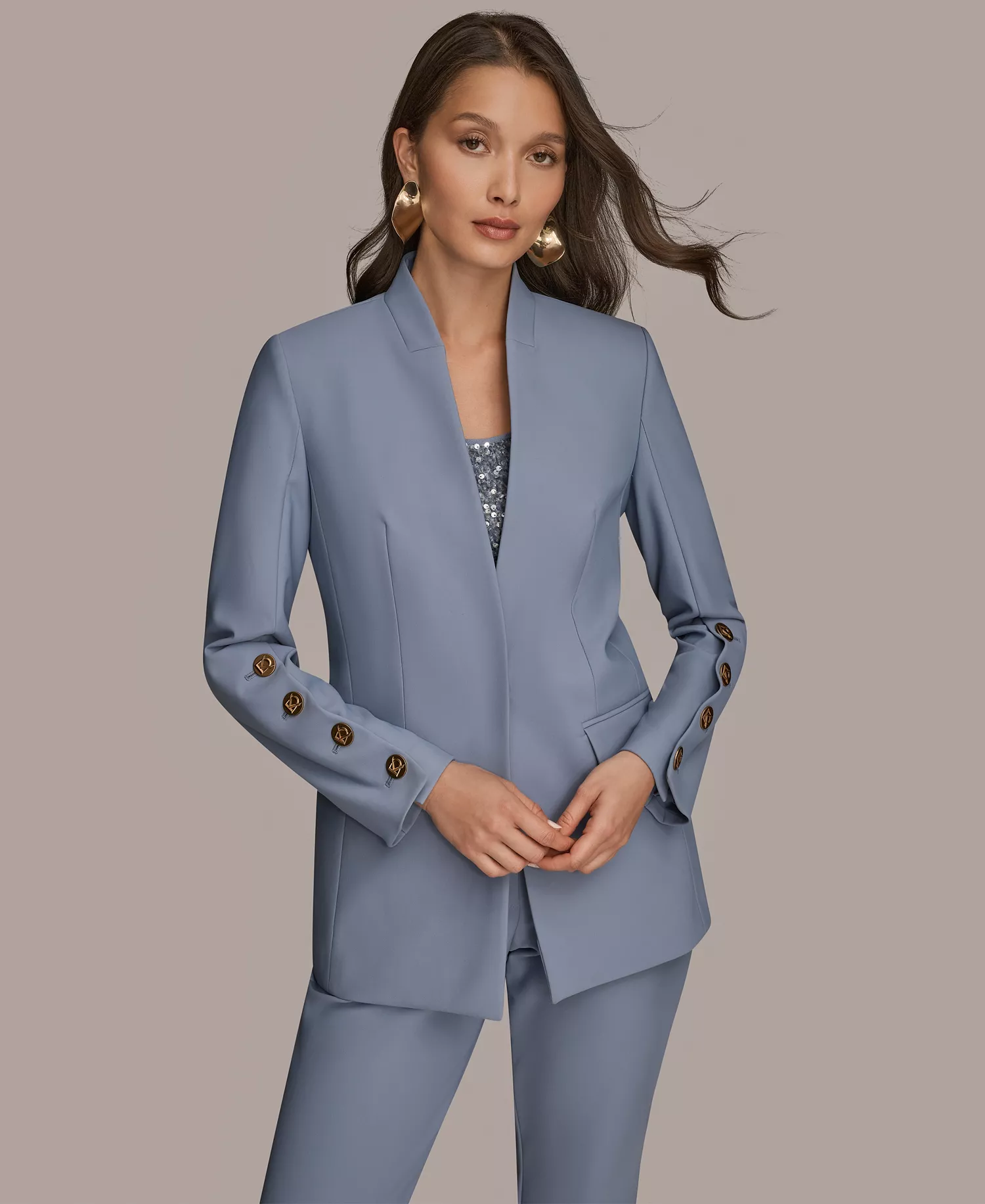 Women's Button Sleeve Blazer, Slim Ankle Pants and Sequin Camisole - Tempest - 0