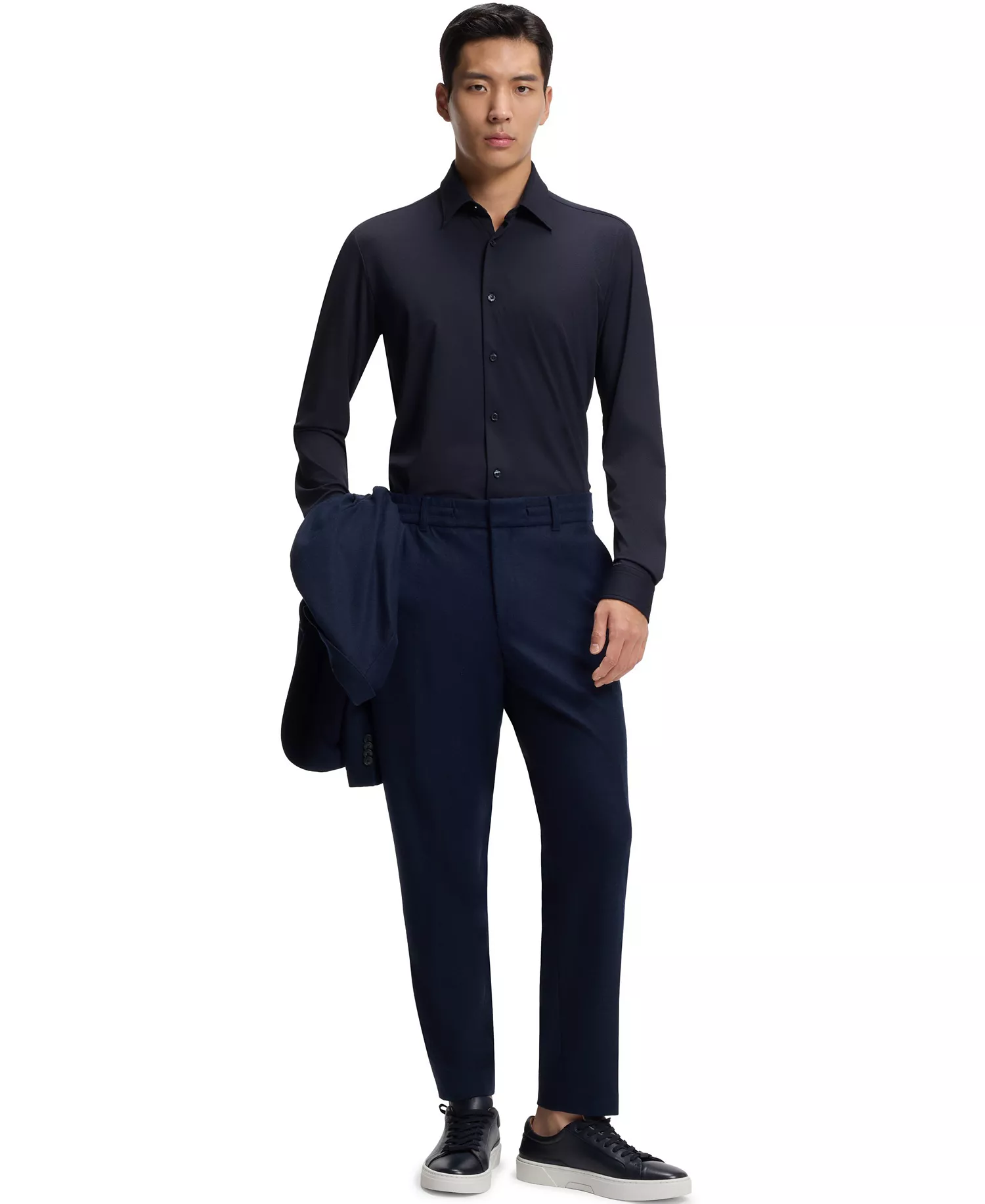 Men's Performance-Stretch Structured Jersey Slim-Fit Dress Shirt - Dark Blue - L