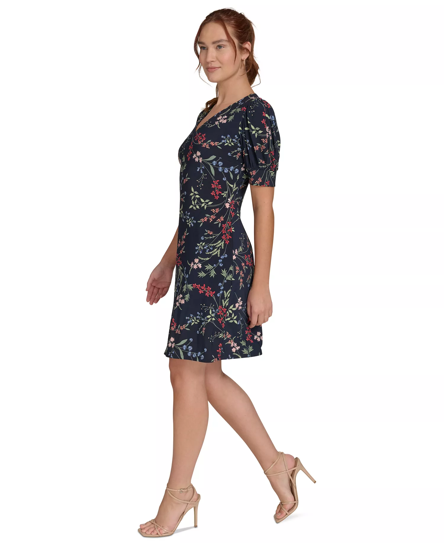 Women's Puffed-Sleeve Floral Shift Dress - Sky Captain Bloom - 10