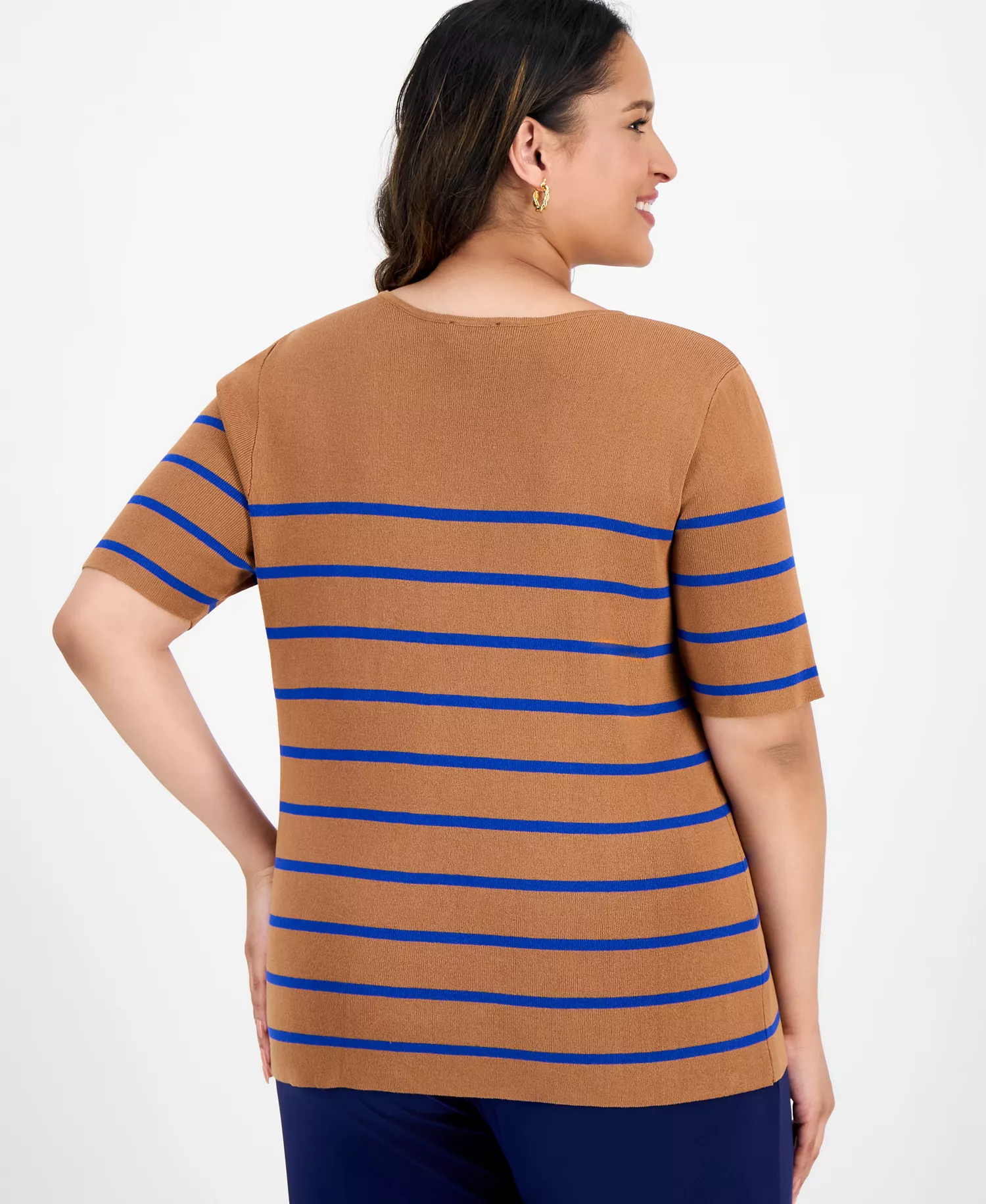 Plus Size Striped Short-Sleeve Top - Camel New Royal - 1X
