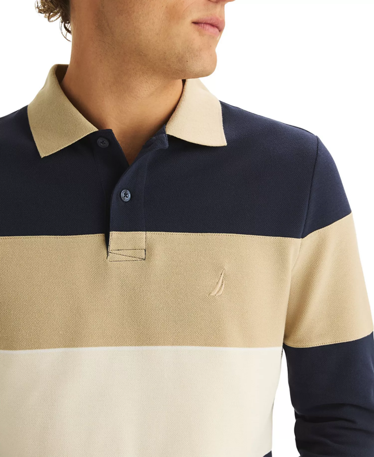 Men's Color-Block Long-Sleeve Rugby Polo Shirt - Navy Seas - XL