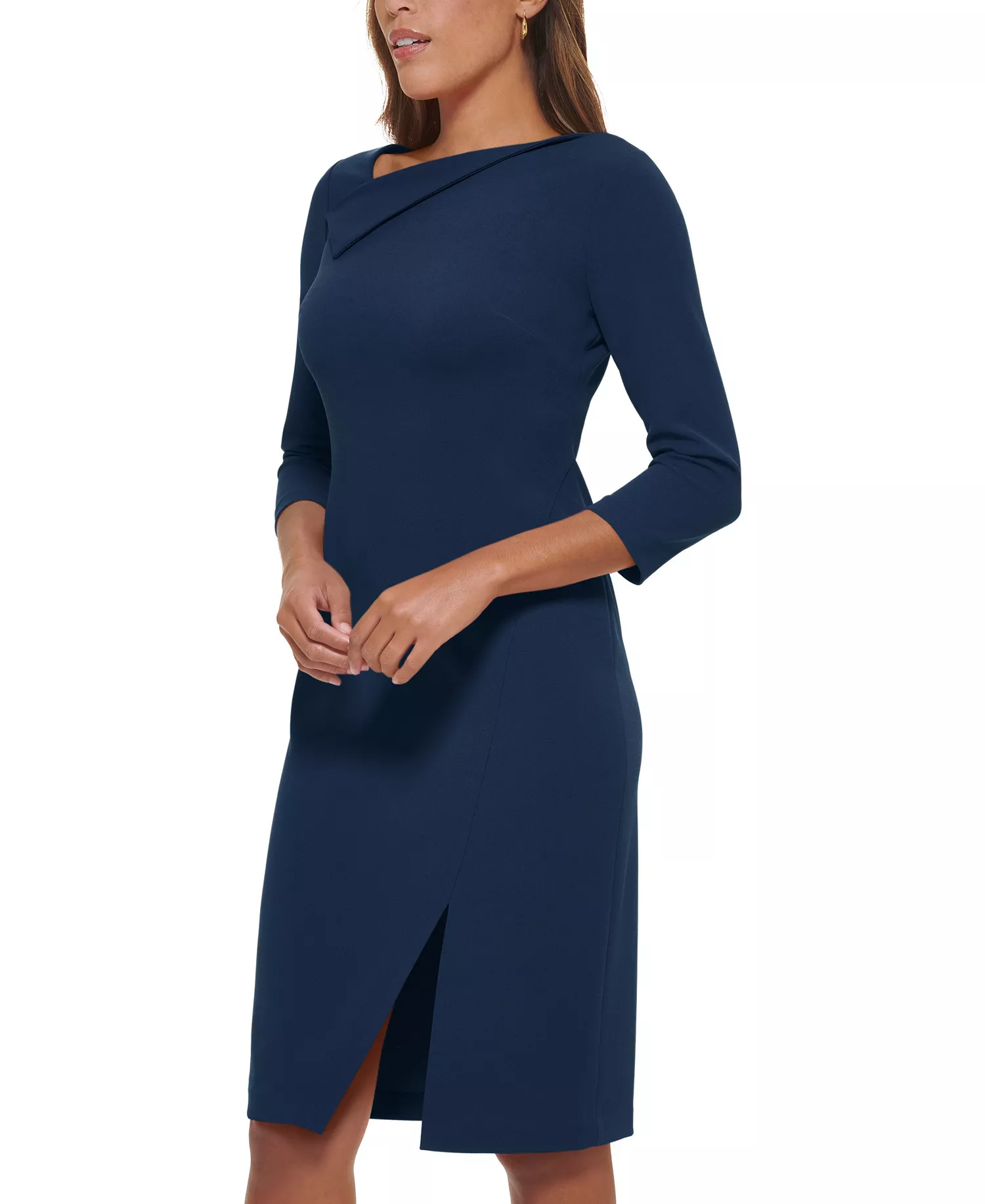 Women's Foldover-Neck Front-Slit Sheath Dress - Indigo - 10
