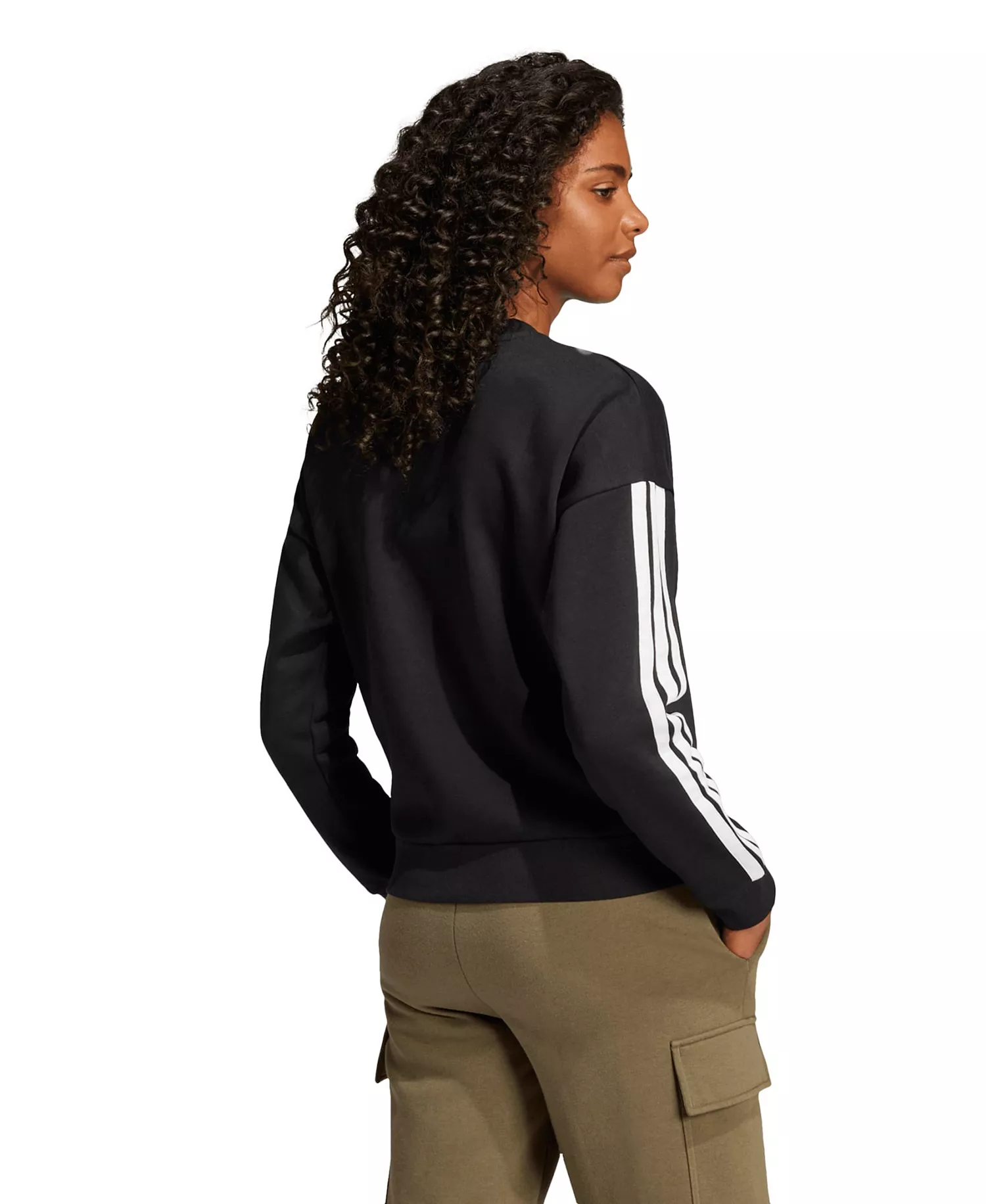Women's Essentials 3-Stripes Fleece Crew Neck Sweatshirt - Black/White - L