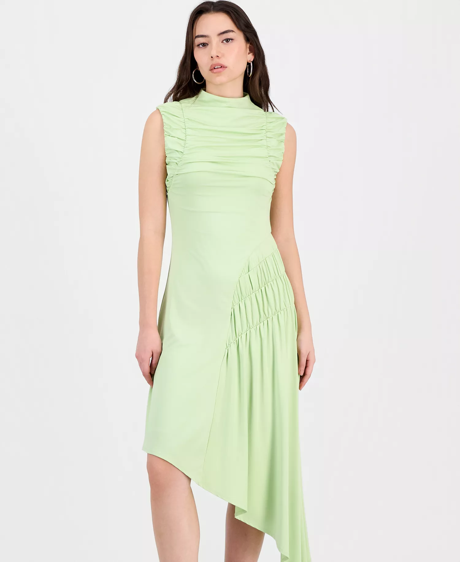 Women's Ruched Asymmetric Midi Dress, Macy's Exclusive - Lime Green - L