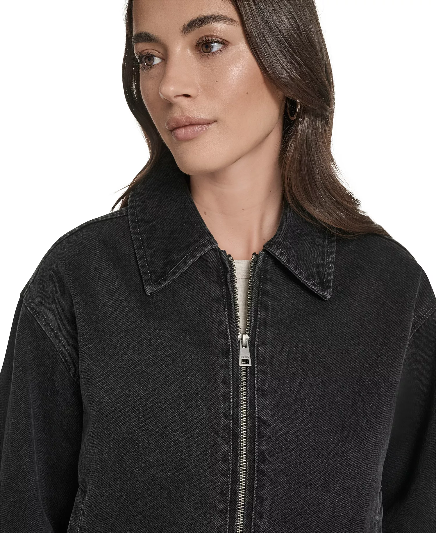 Women's Laydown Collar Denim Bomber Jacket - Black Denim - L