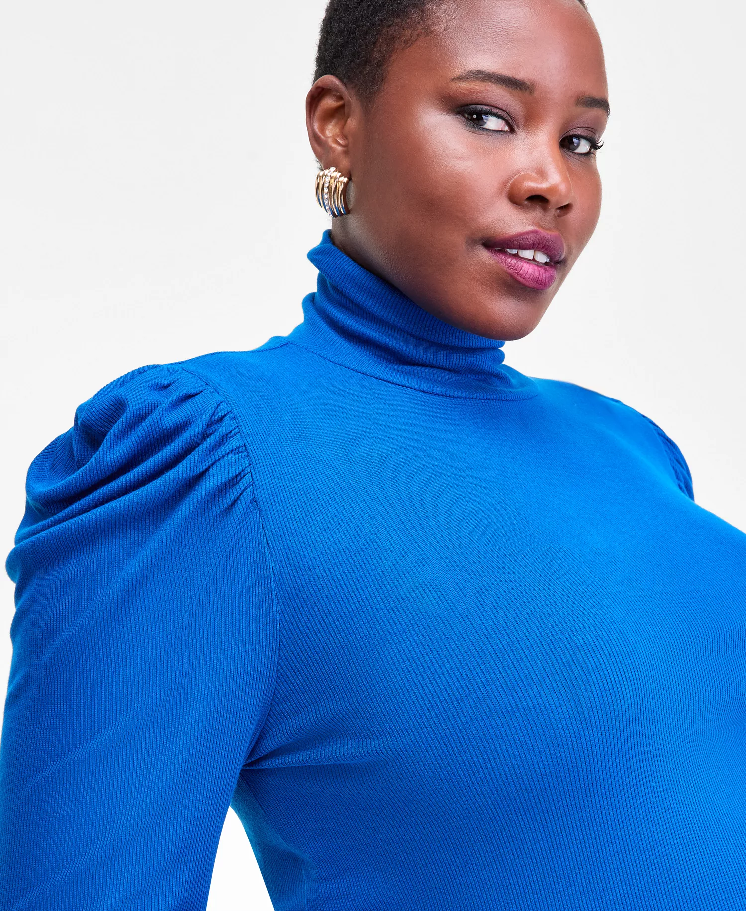 Plus Size Puff-Shoulder Ribbed Turtleneck, Created for Macy's - Cobalt Dre - 0X