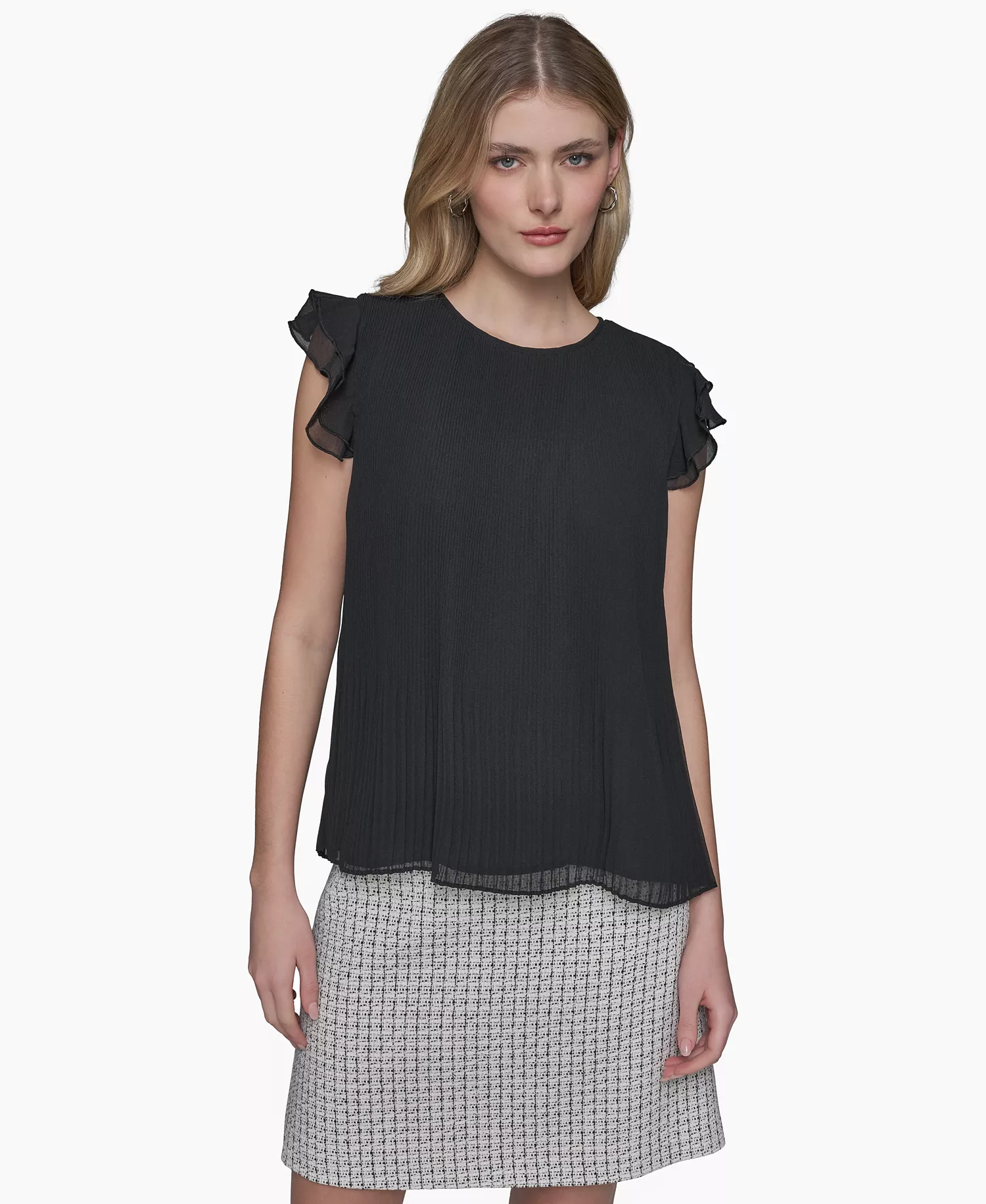 Women's Flutter-Sleeve Blouse - Black - M