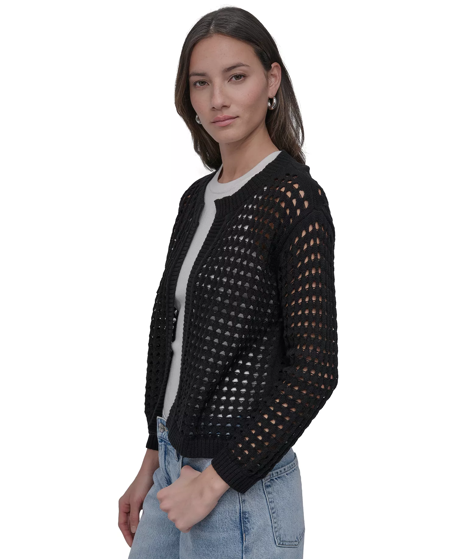 Petite Open-Stitch Cardigan Sweater - Black - P/L