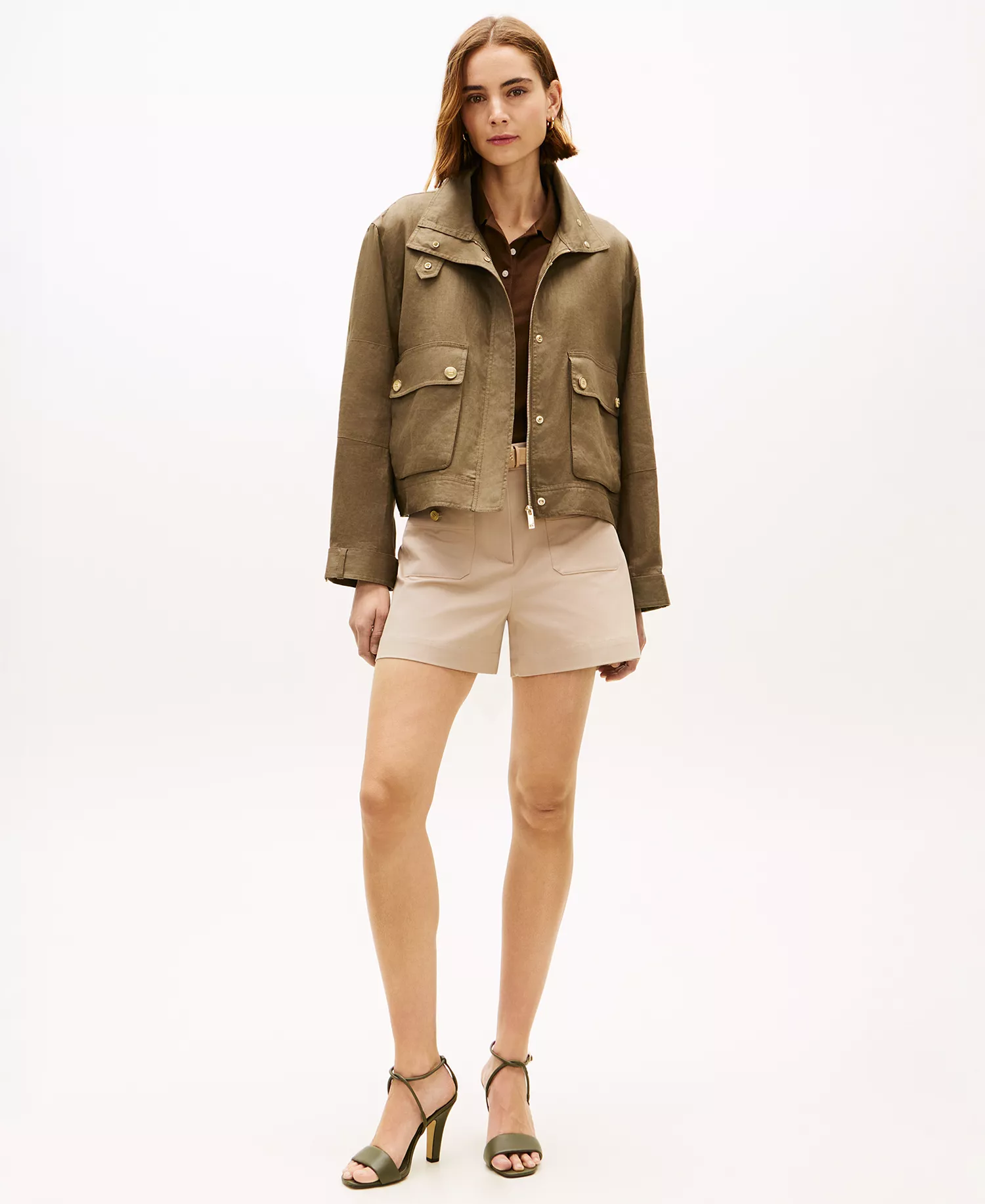 Women's Front-Zip Linen Utility Jacket - Tan - L