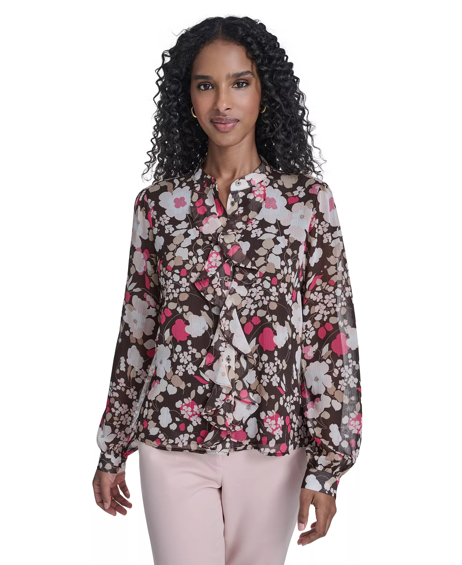 Women's Floral Ruffle Placket Top - Chicory Multi - L