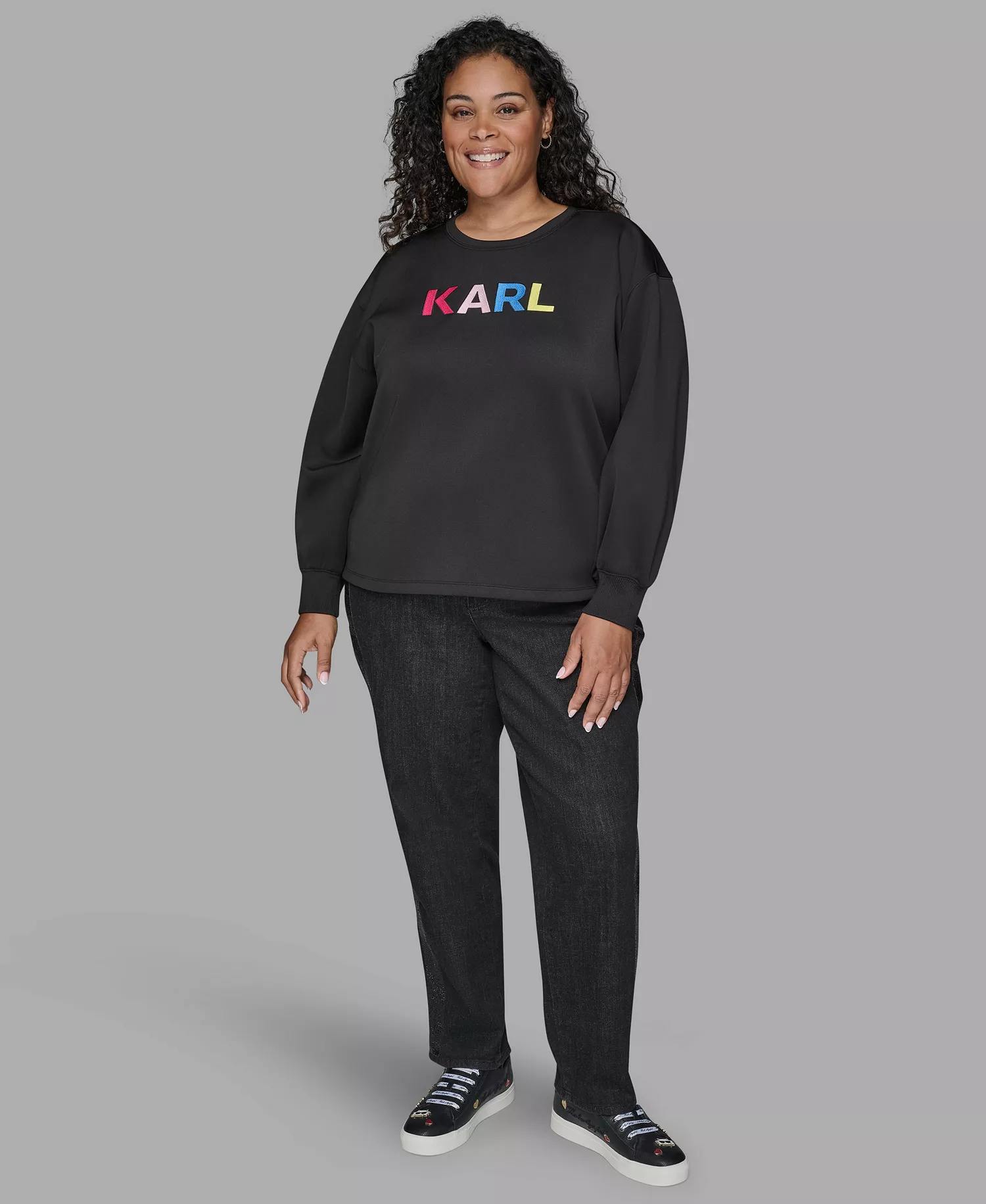 Women's Plus Size Embroidery Pull-On Top - Black - 0X