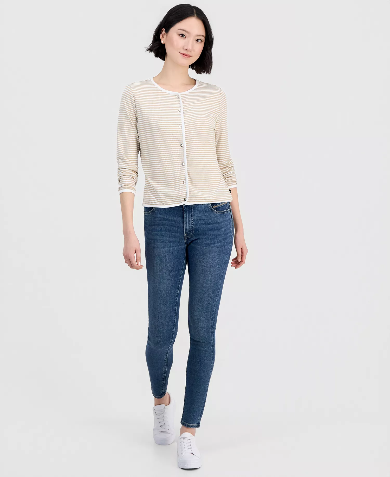 Jeans Women's Long-Sleeve Striped Cardigan Top - Irish Cream/ Ivory - L