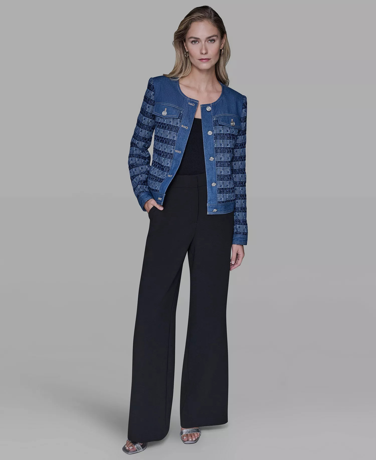 Women's Crewneck Tweed and Denim Jacket - Blue Aura/french Blue Multi - L