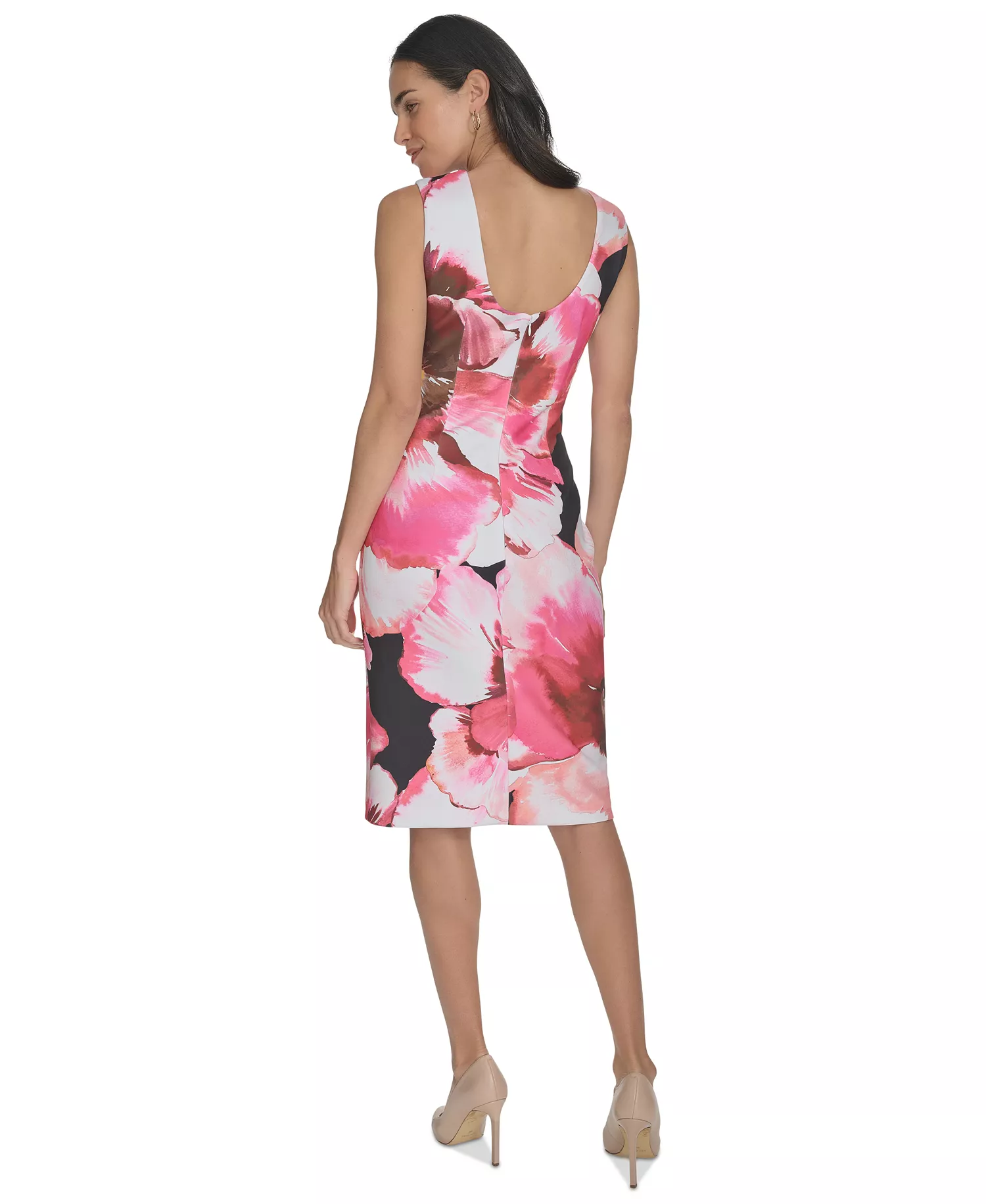 Women's Boat-Neck Sleeveless Scuba Sheath Dress - Hibiscus Multi - 10