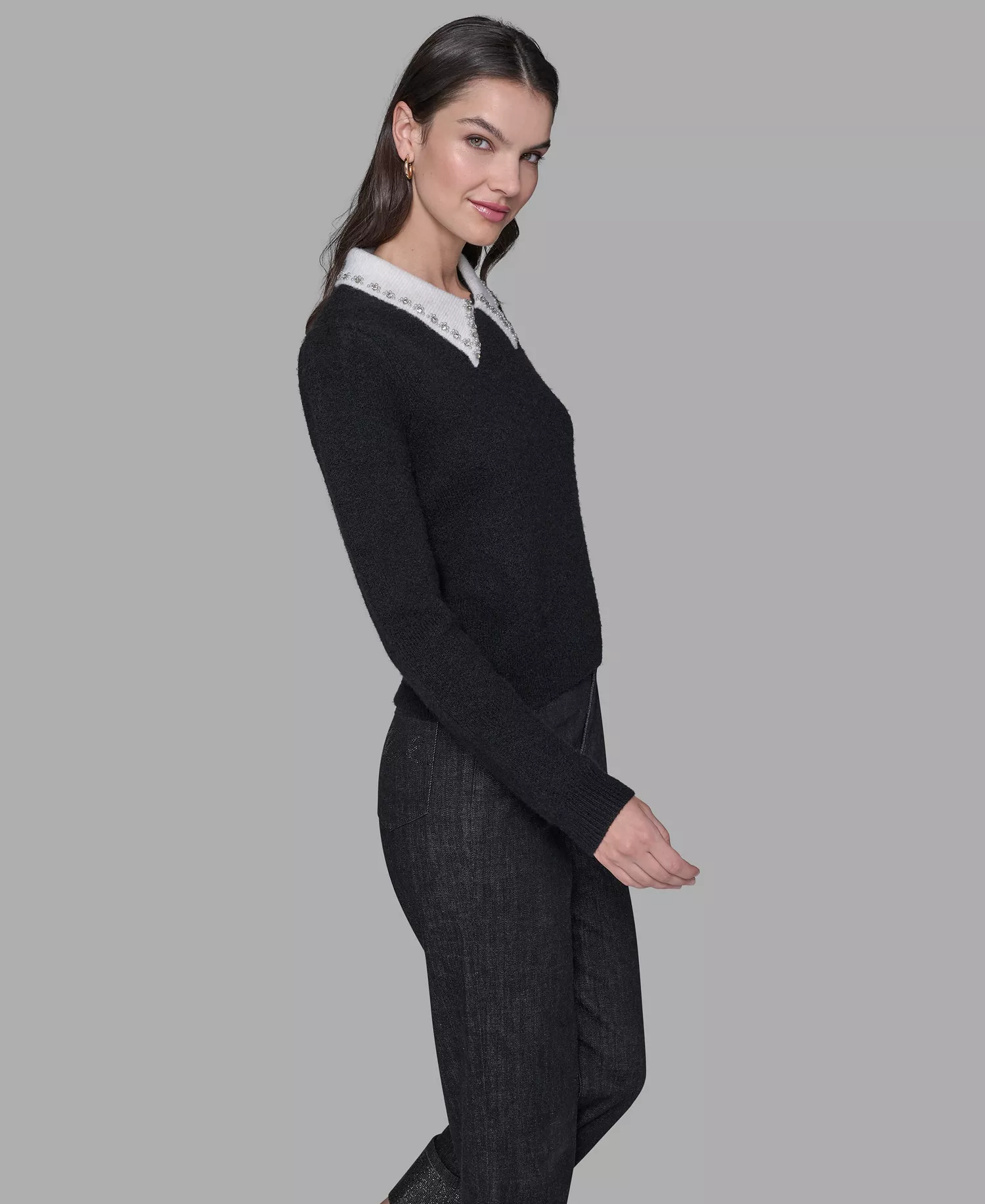 Women's Contrast Collar Sweater - Black/soft White - L