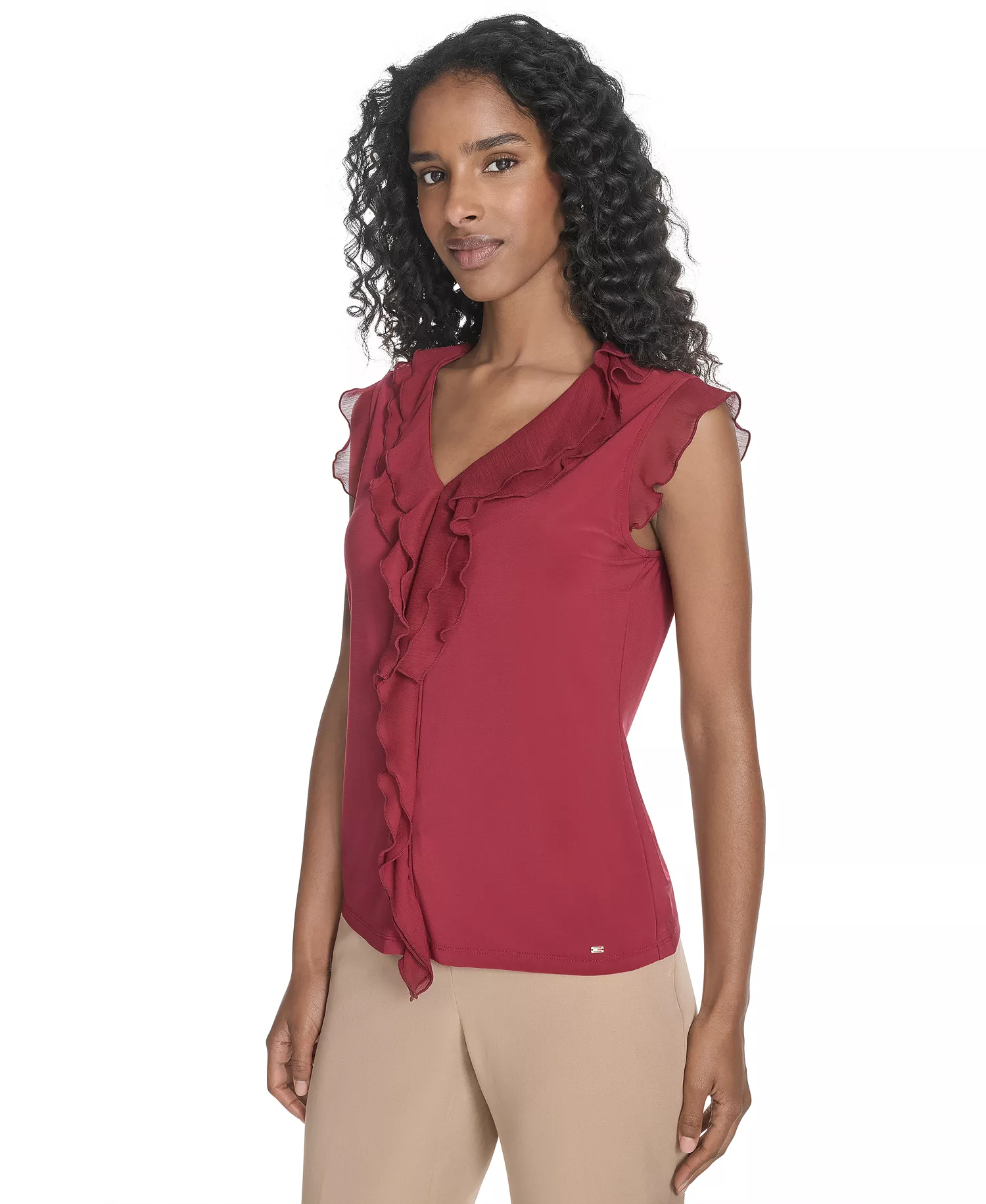 Women's Ruffled Mixed-Media Top - Crimson - L