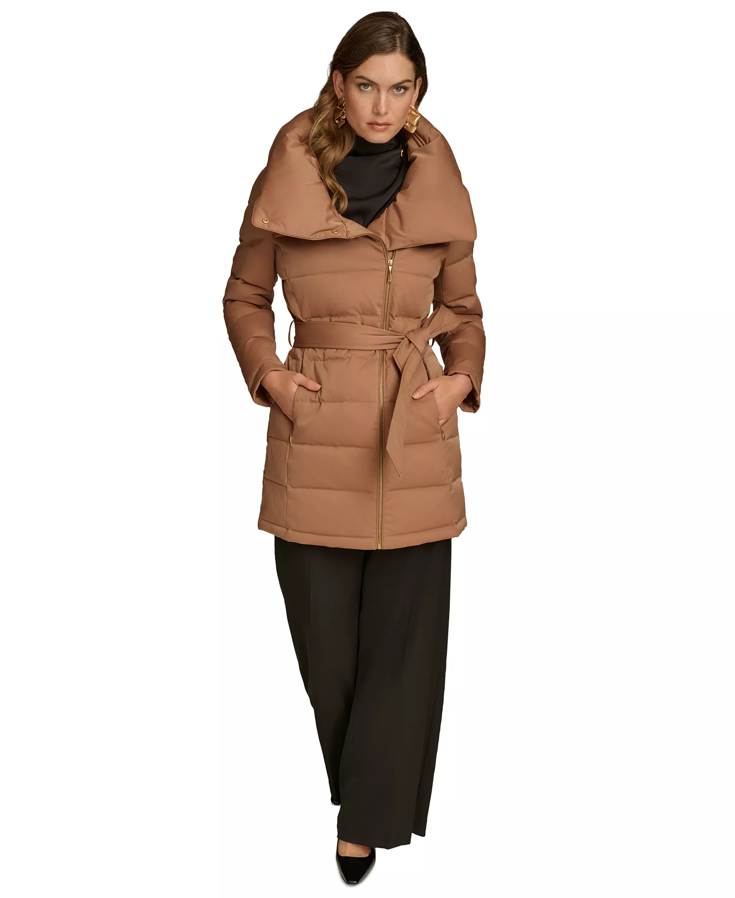 Women's Belted Asymmetric Puffer Coat - Antique Gold - L
