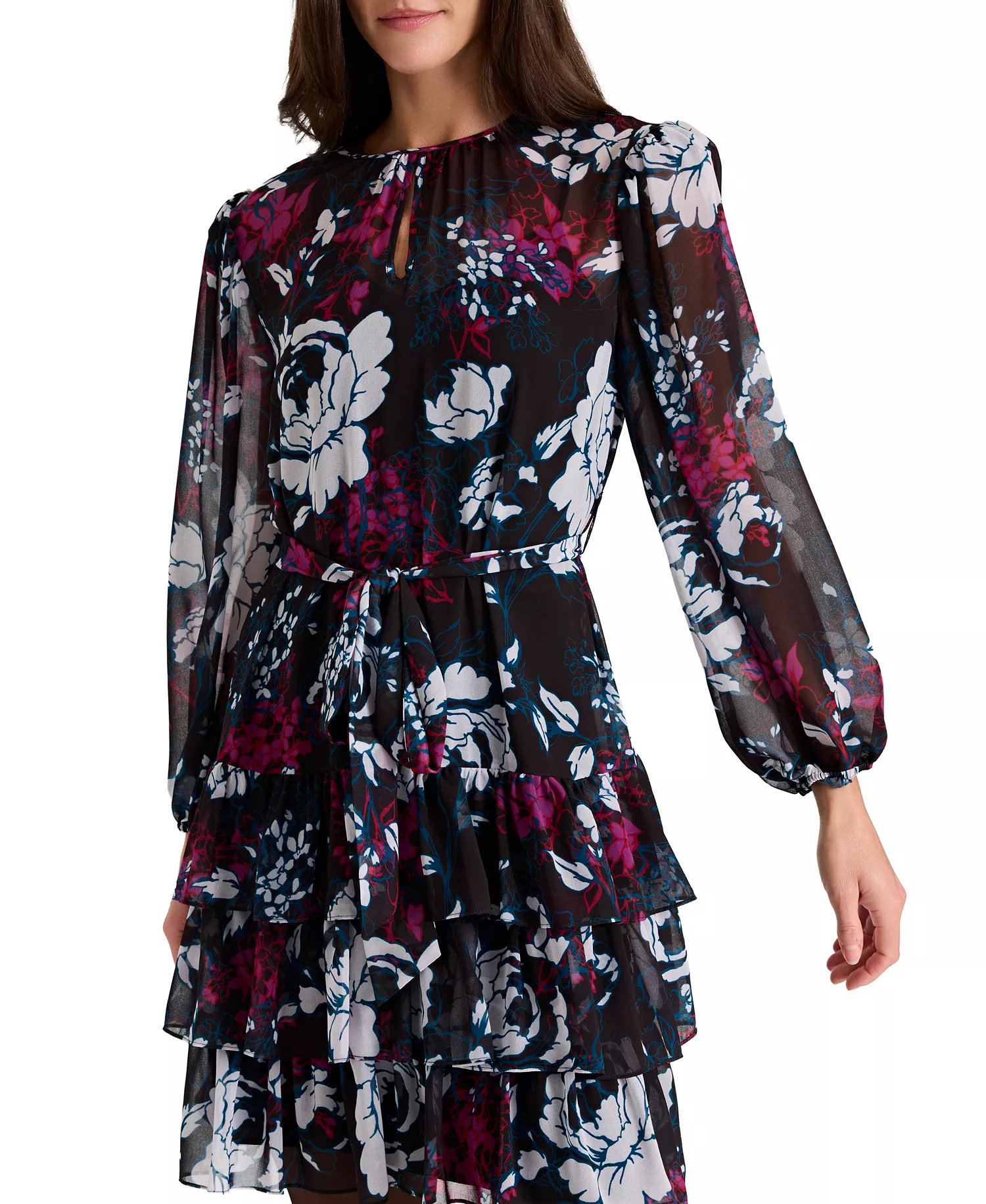 Women's Belted Boucle Long-Sleeve Dress - Black Multi - 10