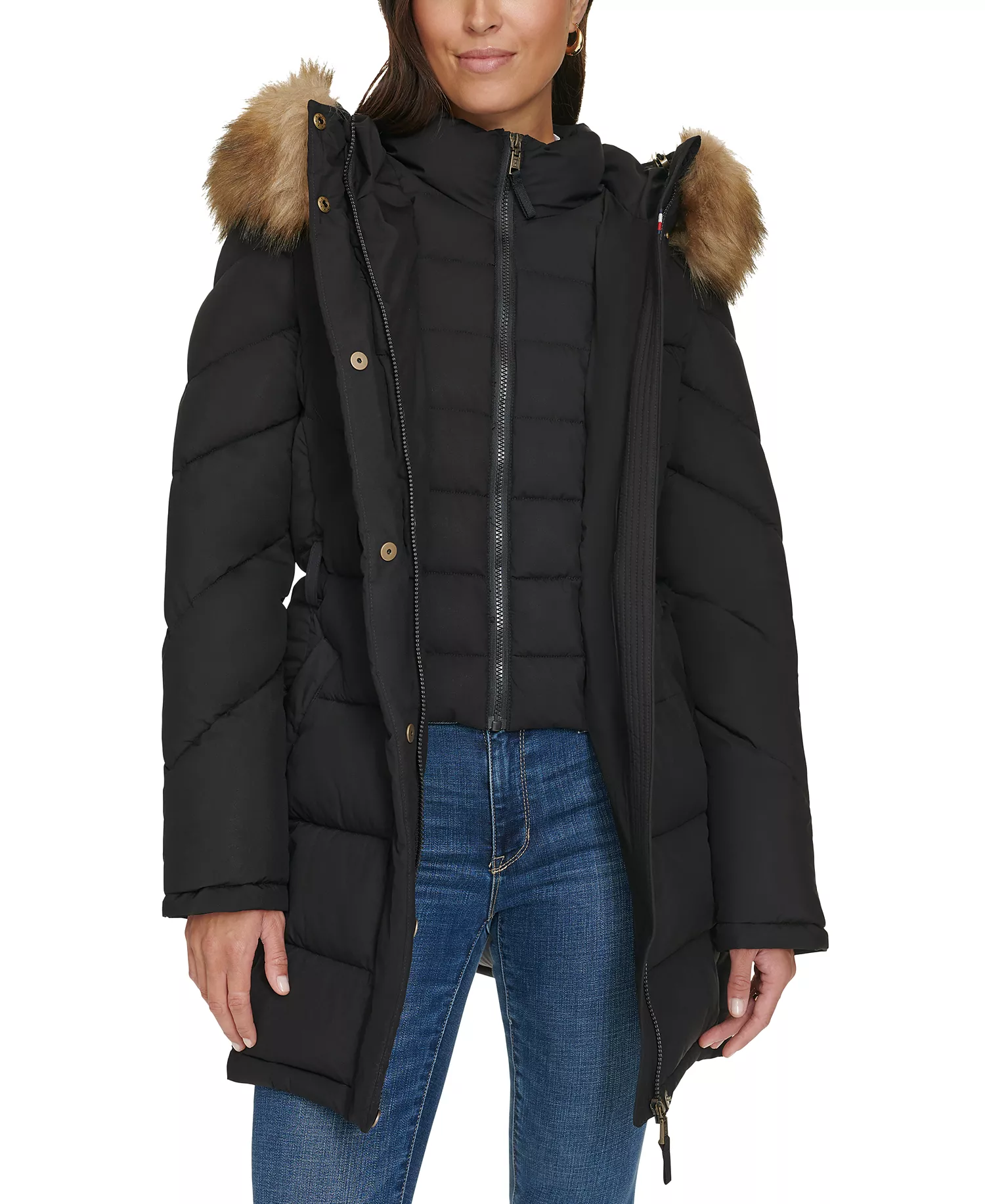 Women's Faux-Fur-Trim Hooded Puffer Coat, Created for Macy's - Black - L
