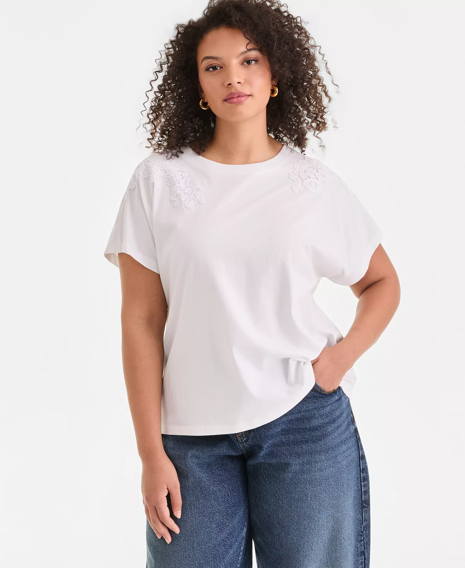 Plus Size Short-Sleeve Lace-Shoulder Tee, Created for Macy's - Bright White - 0X