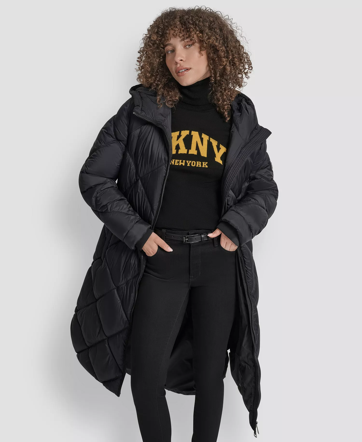 Women's Diamond Quilted Hooded Puffer Coat - Black - L