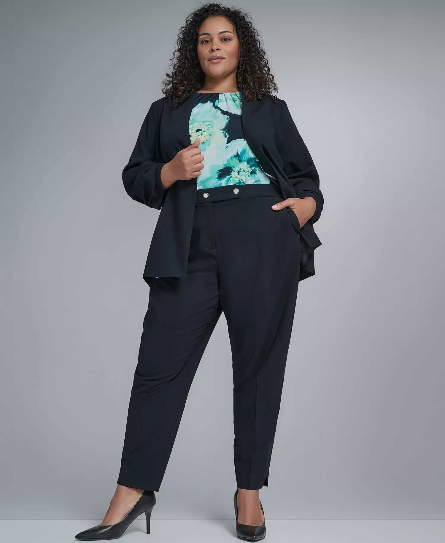 Plus Size Collarless One Button Jacket - Navy - 14W