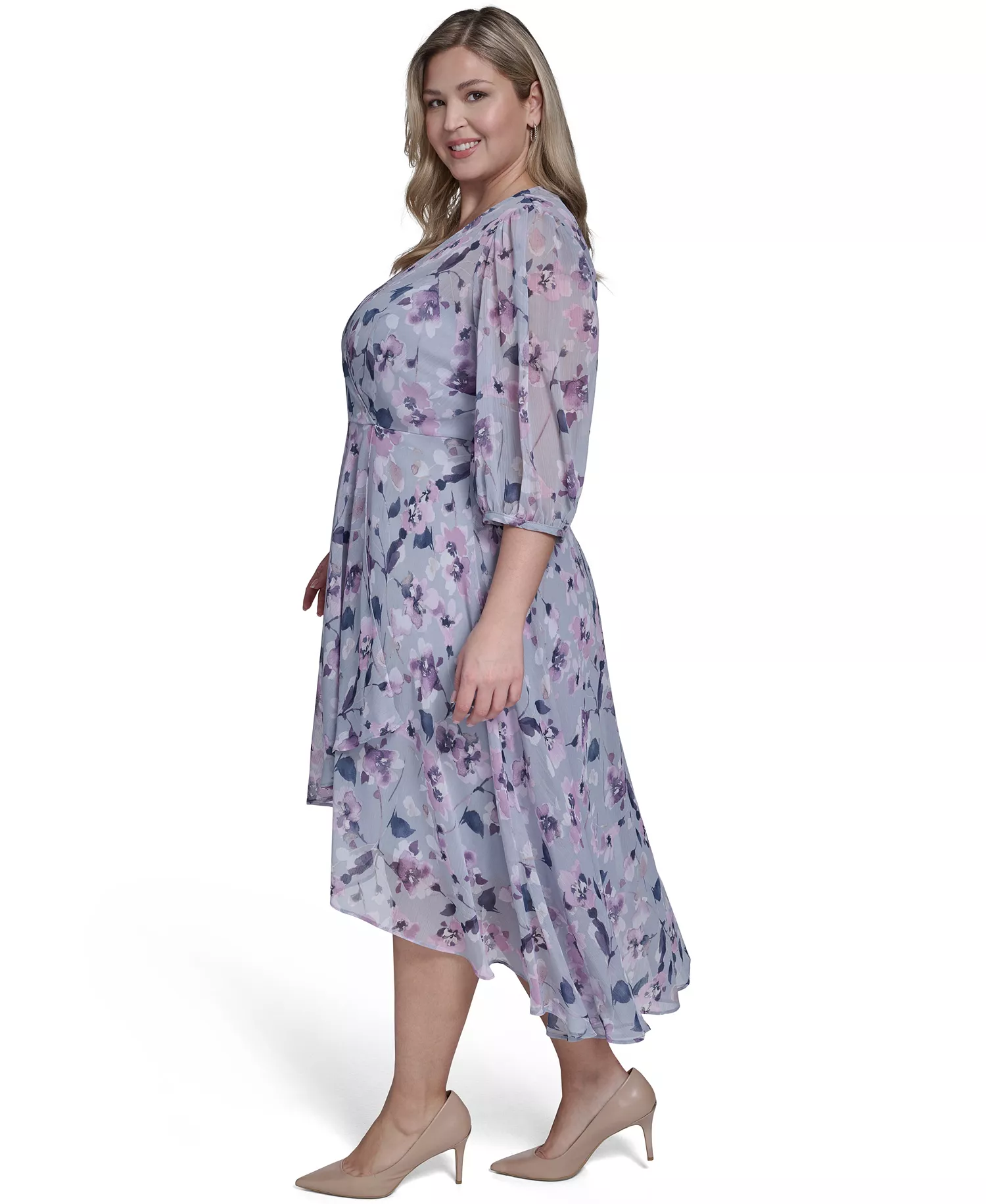 Plus Size Balloon-Sleeve Wrap Dress - Slate Multi - 14W