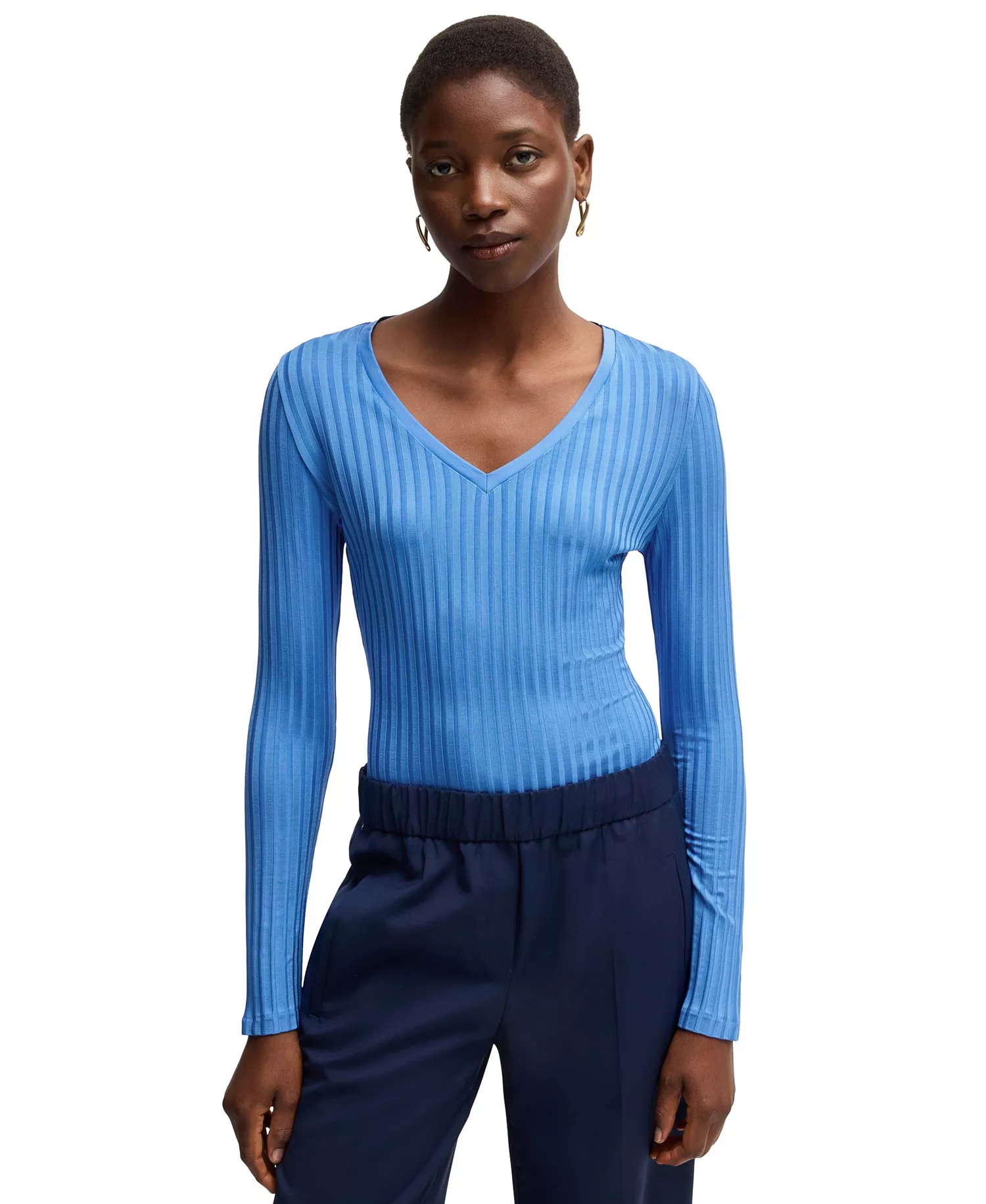 Women's Long-Sleeved V-Neck Top - Open Blue - L