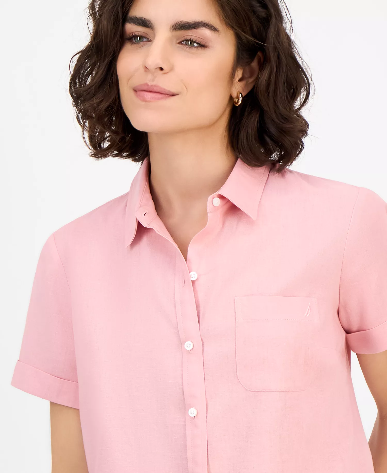 Nautica Women's Solid Short-Sleeve Camp Shirt - Bridal Rose - L