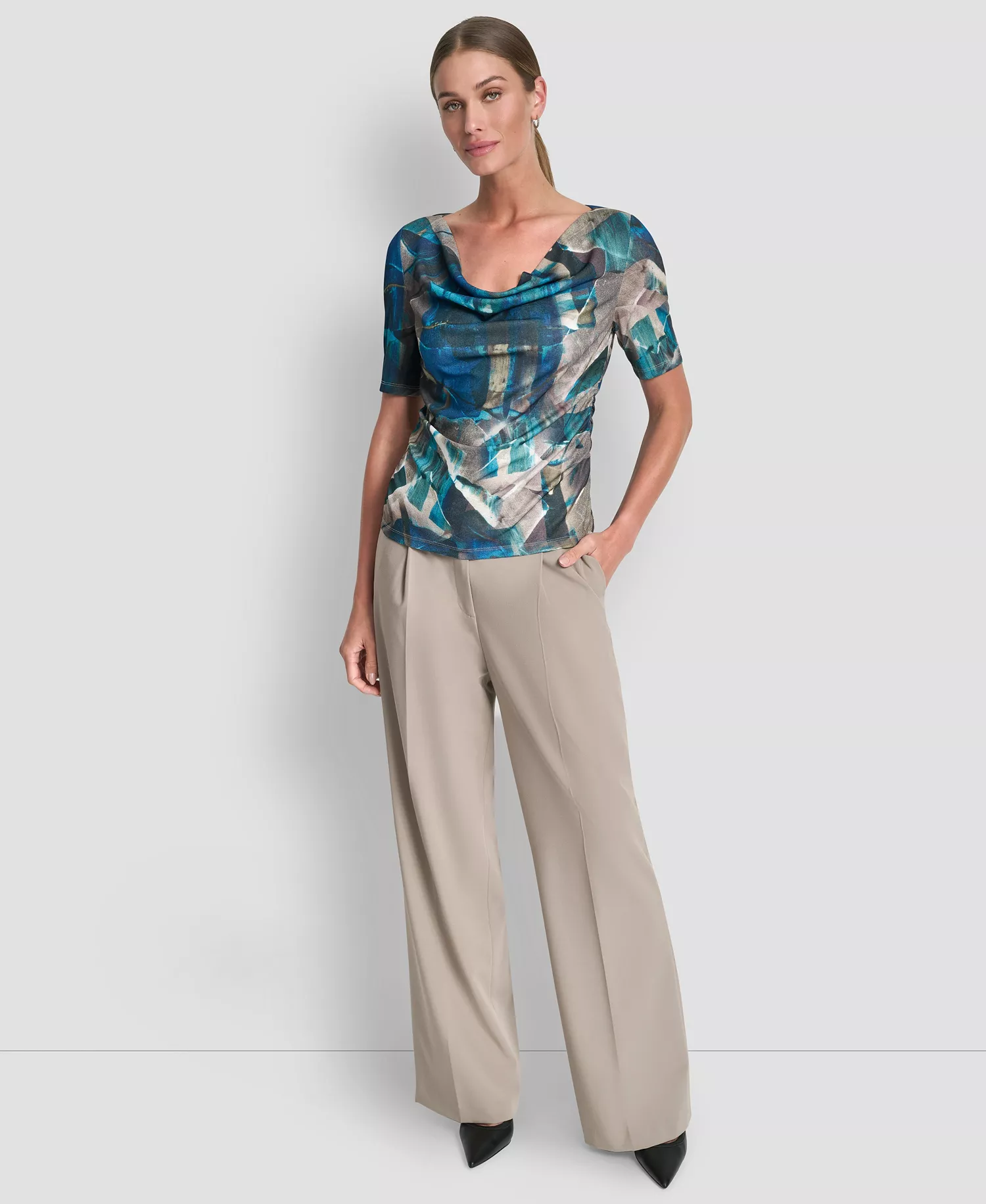 Women's Drape Neck Short Sleeve Top - City Taupe/ocean Blue Multi - S