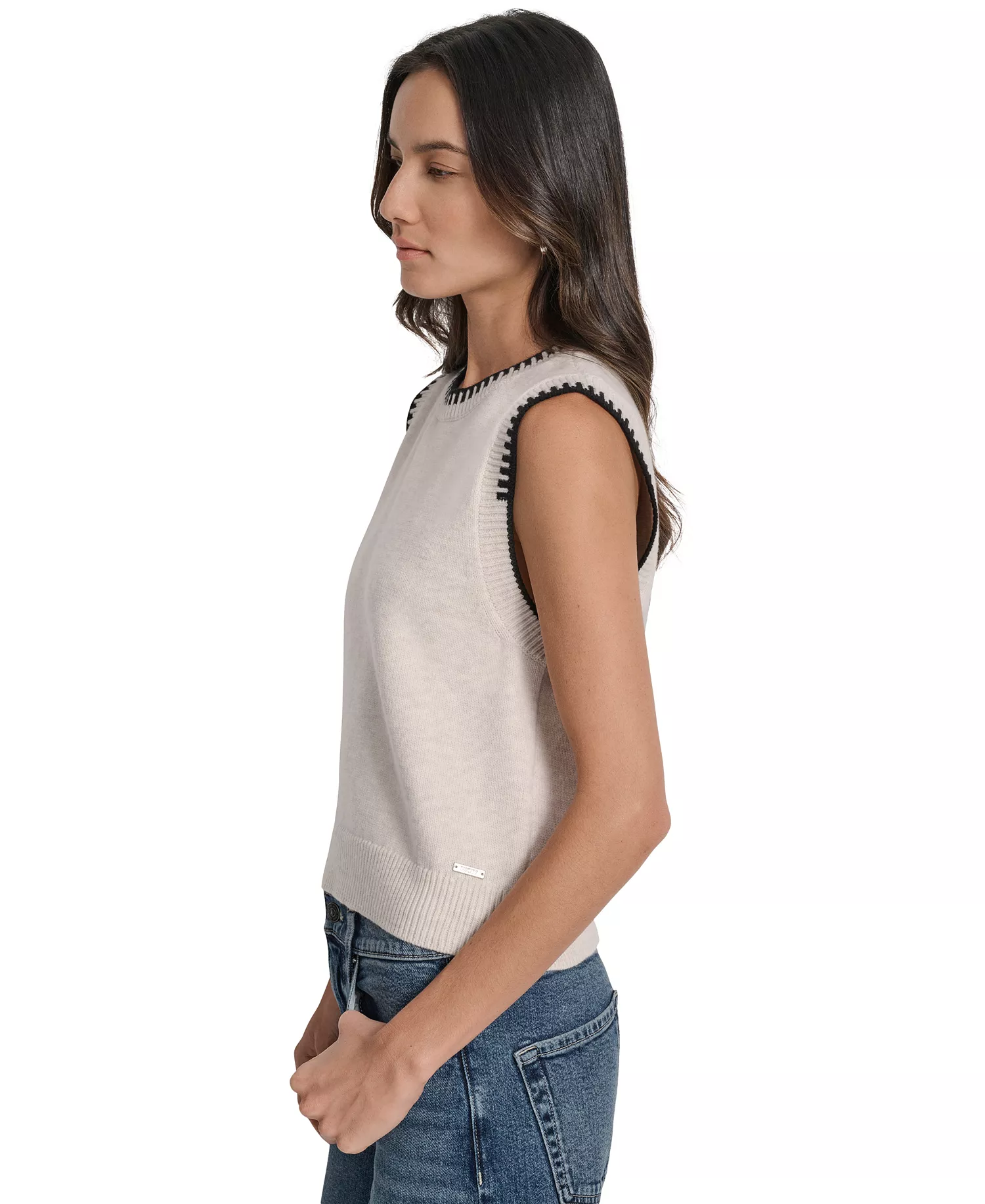 Women's Whipstitch Trim Crewneck Sleeveless Sweater - Cort Heather/Black - XS