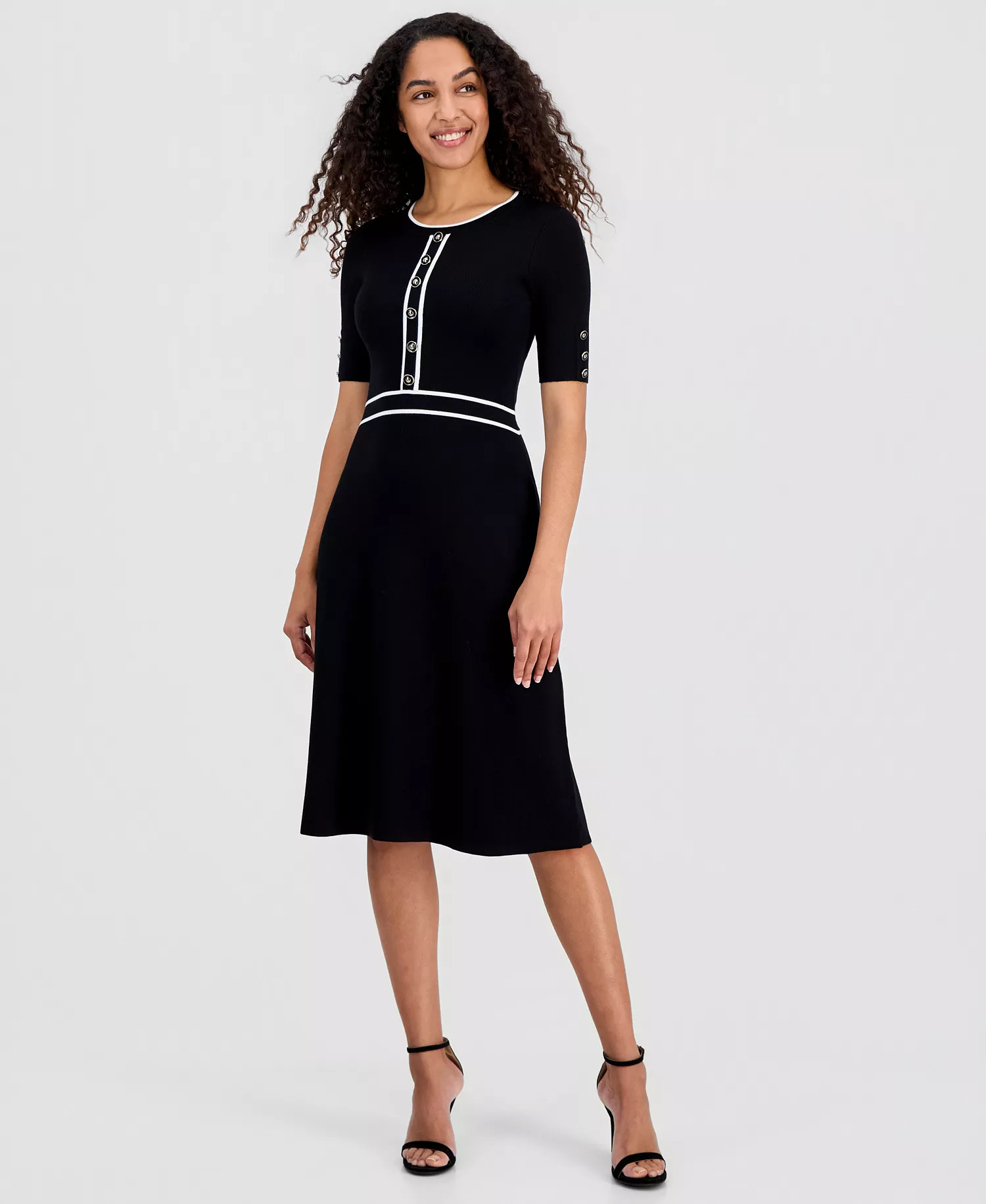 Women's Contrast-Trim Fit & Flare Sweater Dress - Black / White Star - M
