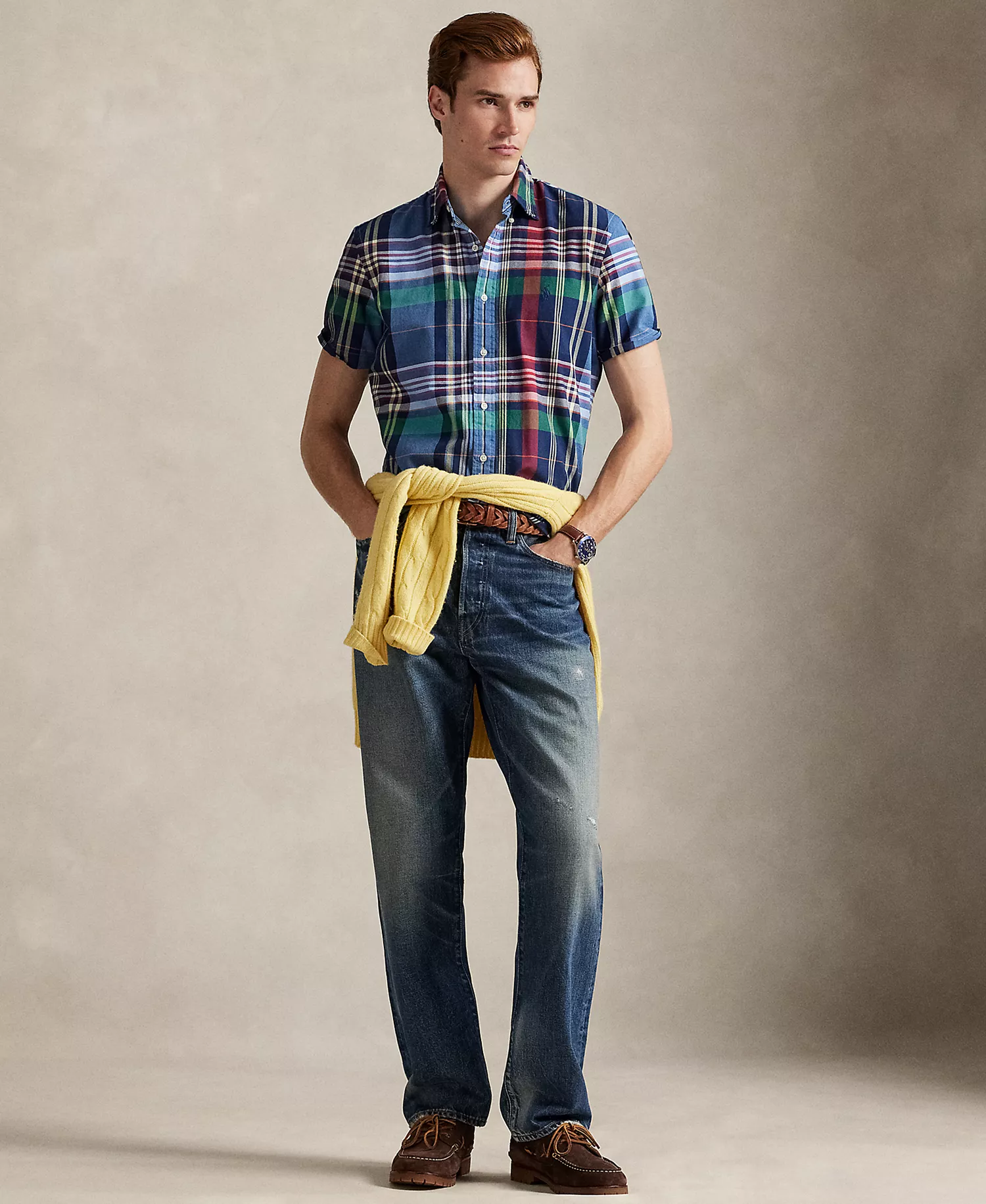 Men's Classic-Fit Yarn-Dyed Plaid Cotton Oxford Button-Down Shirt - Blue Red Multi - XS