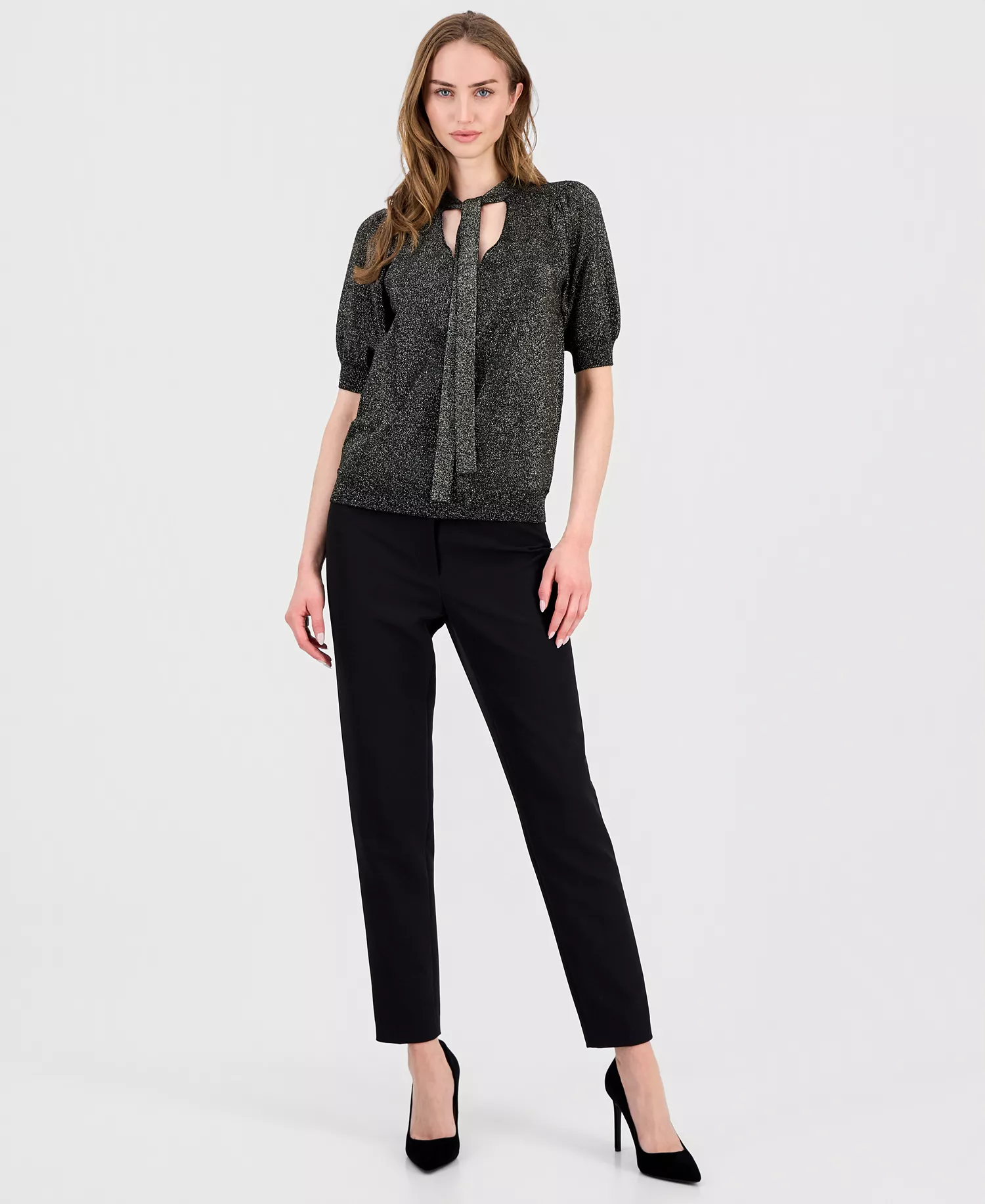 Women's Tie-Neck Elbow-Sleeve Metallic Top - Black Lurex - L
