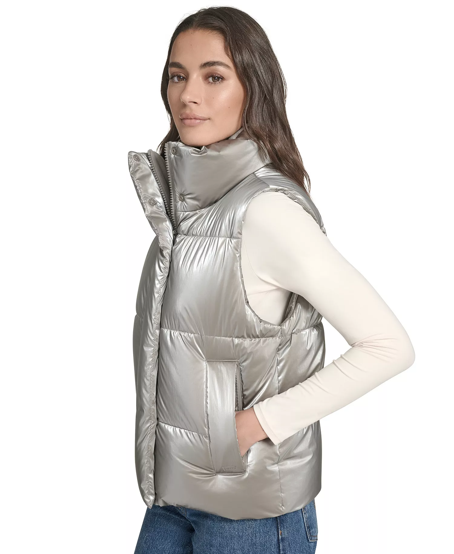 Women's Regular Stand Collar Puffer Vest Jacket - Silver - L