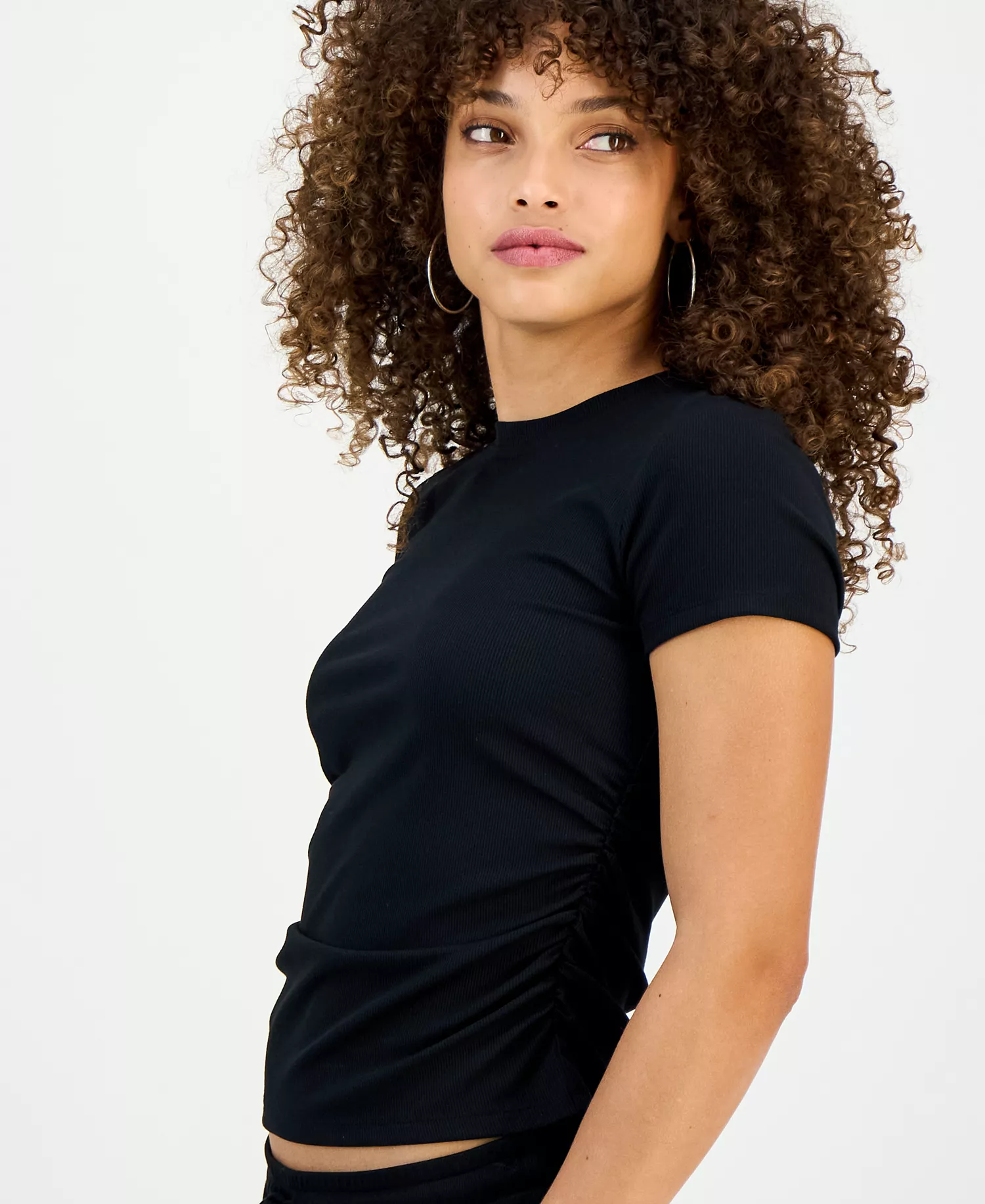Petite Side-Ruched Ribbed Knit T-Shirt, Macy's Exclusive - Deep Black - P/L