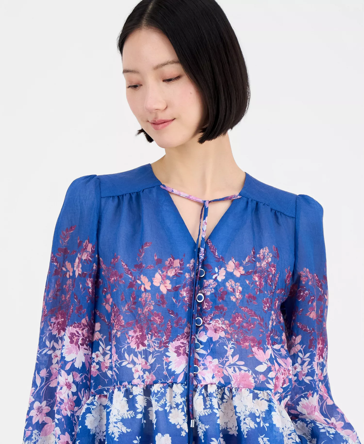 Women's Floral Blouson-Sleeve Peplum Top - Blue Pink White - L