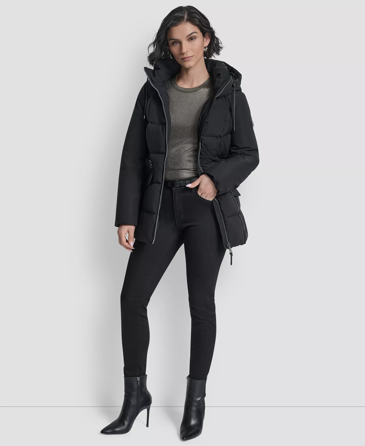 Women's Belted Hooded Puffer Coat - Black - L