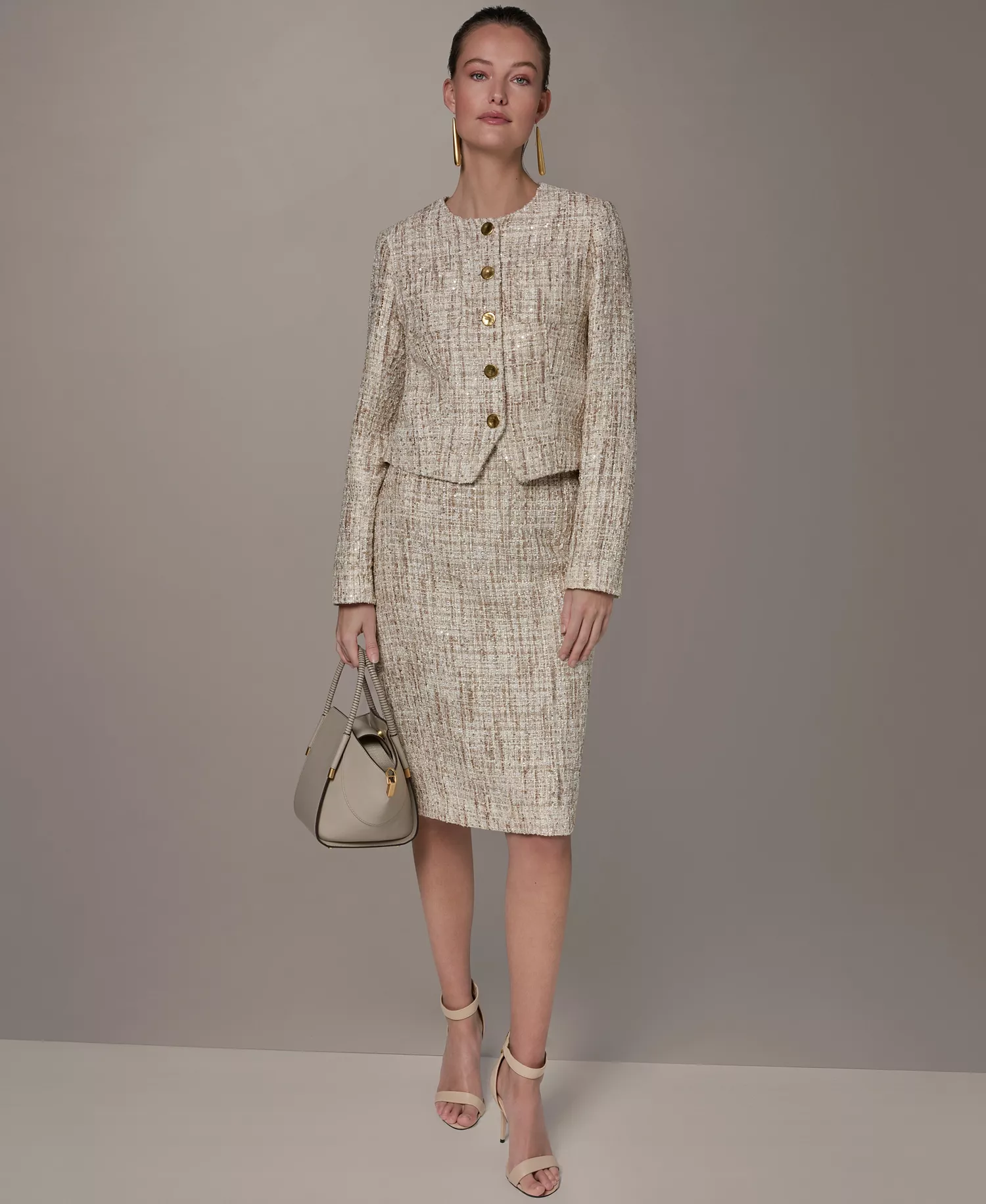 Petite Button-Front Cropped Jacket - Dark Cream Multi - 0P