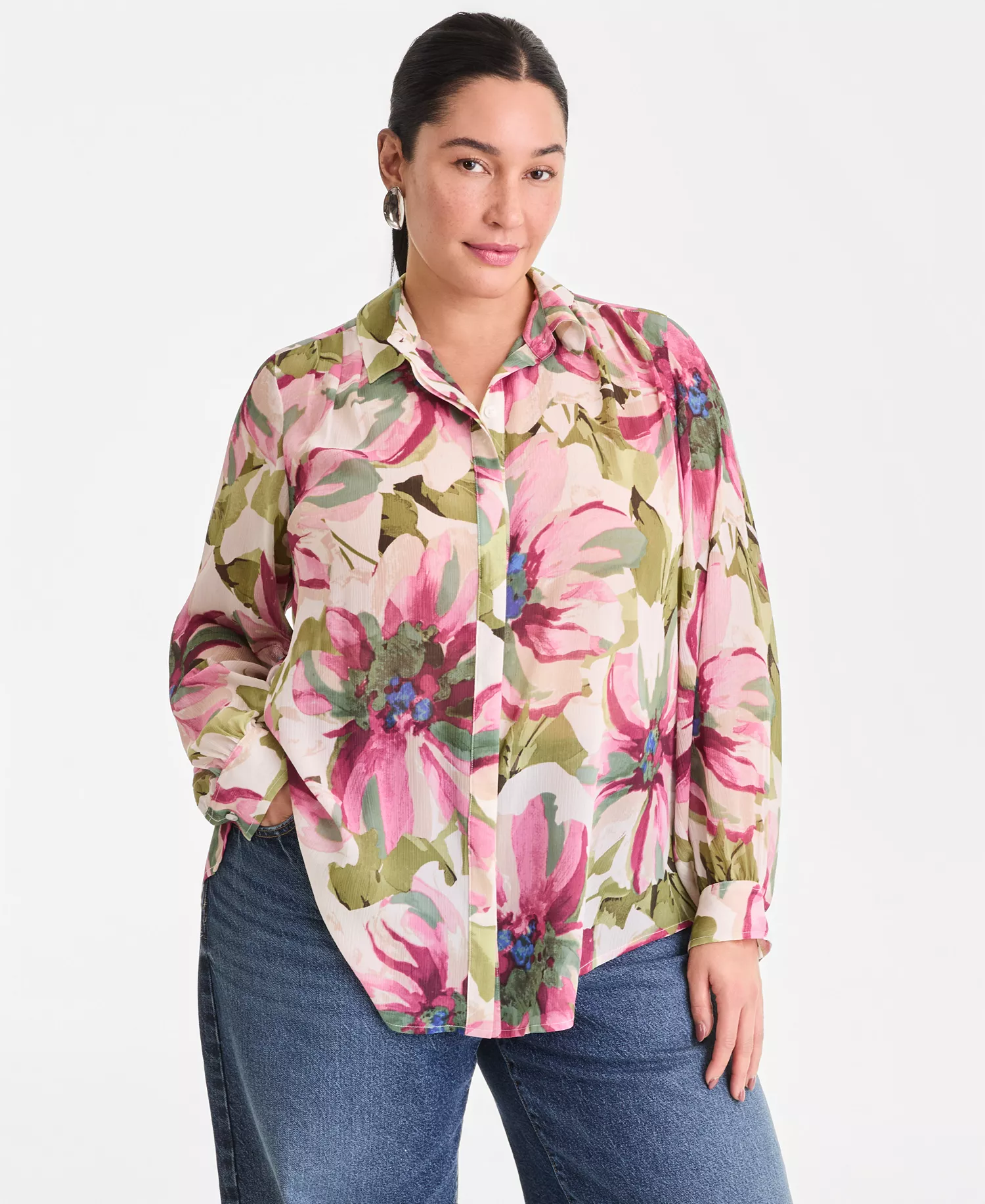 Plus Size Printed Long-Sleeve Blouse, Created for Macy's - Farrah Bouquet - 0X