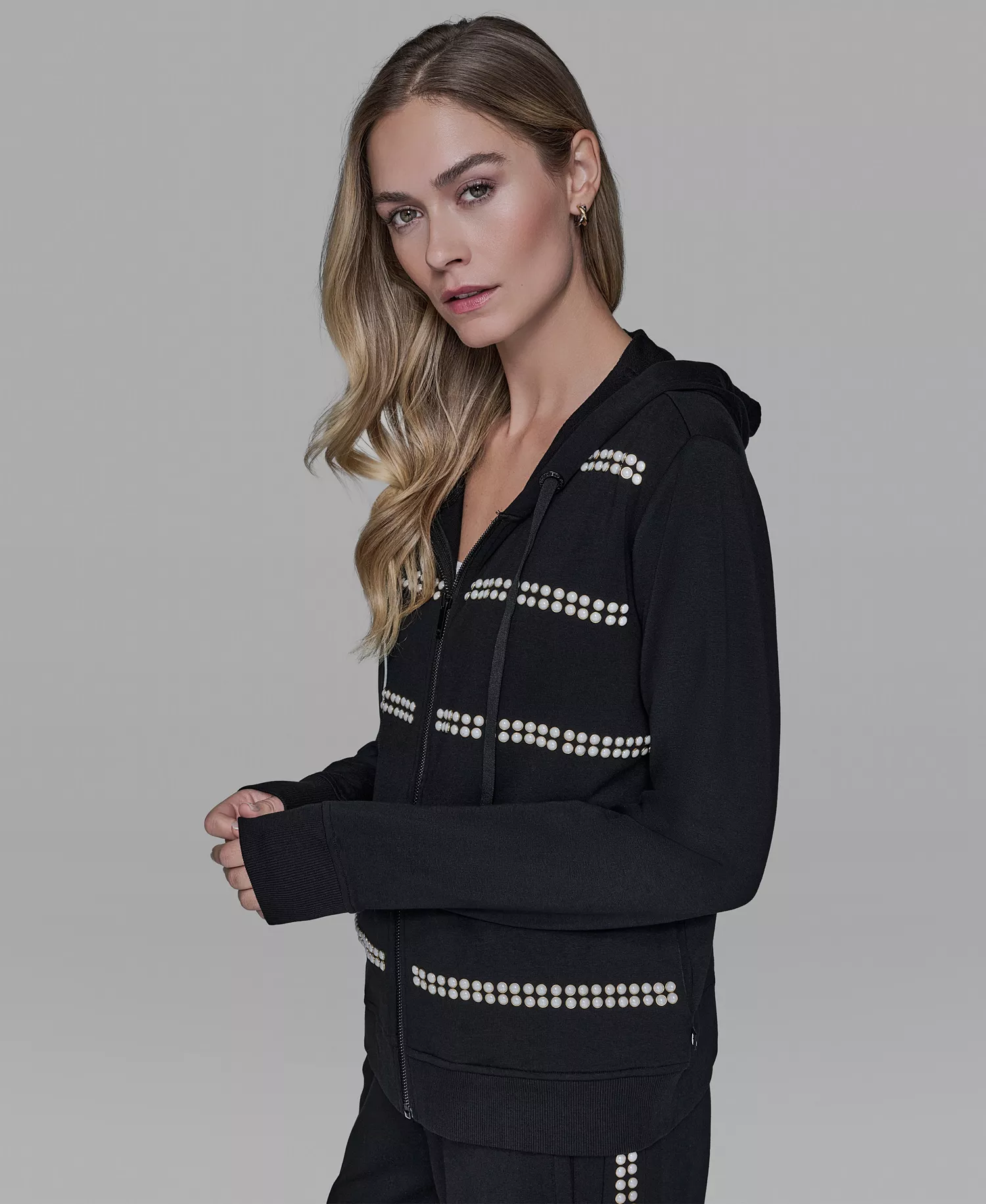 Women's Pearl Front Zipper Tracksuit Jacket - Black - L