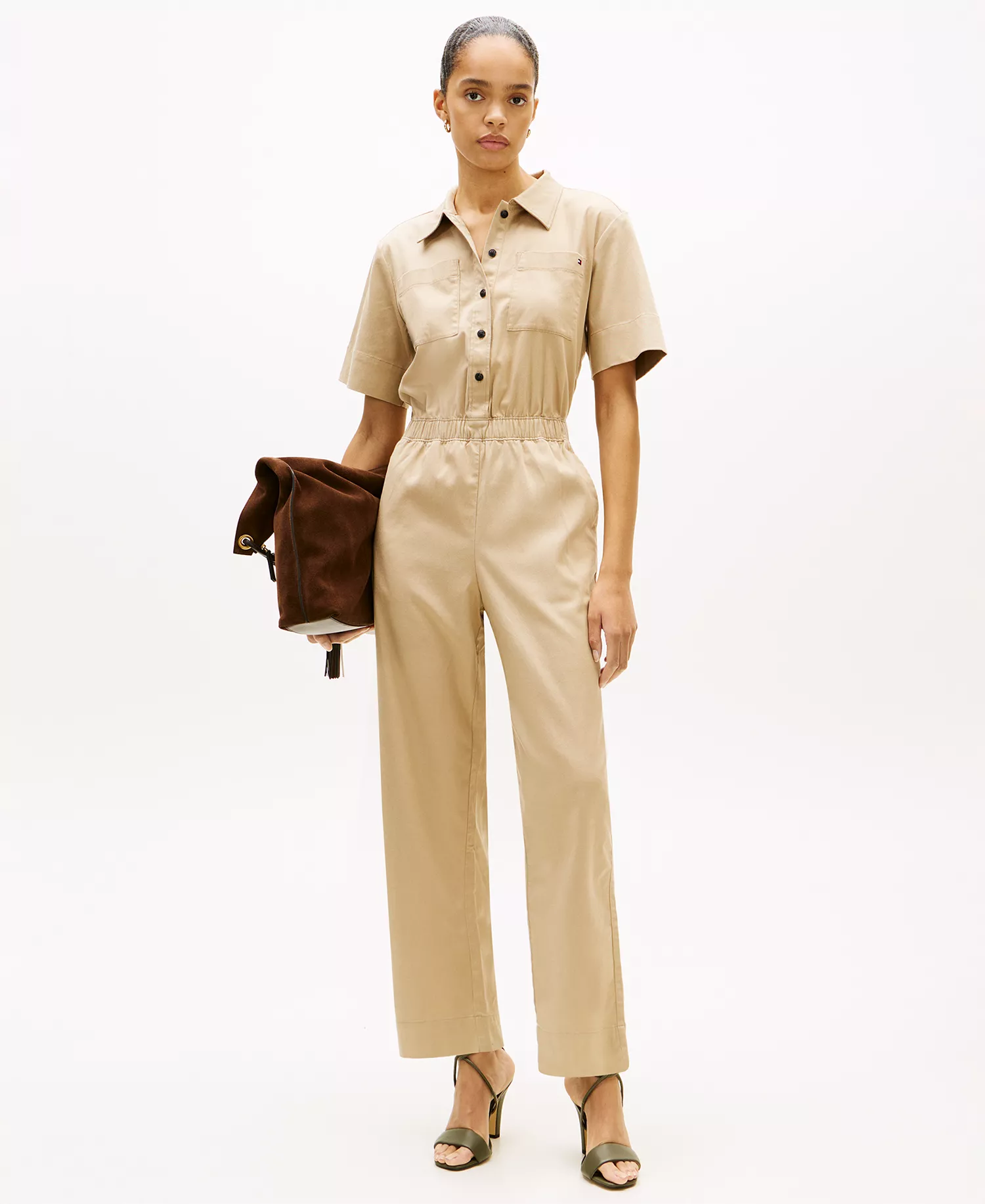 Women's Utility Shirt Short-Sleeve Jumpsuit - Beige - L