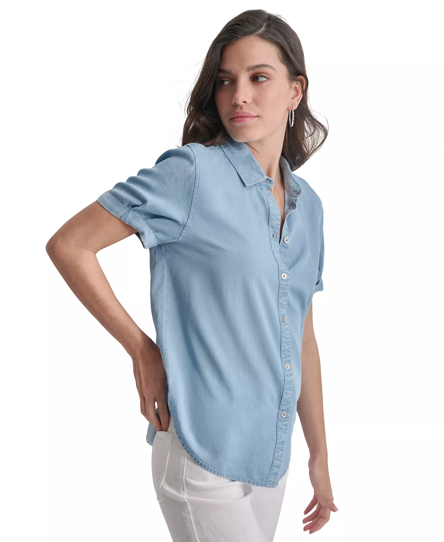 Petite Chambray Rolled Short-Sleeve Button-Up Shirt - Chambray - PL
