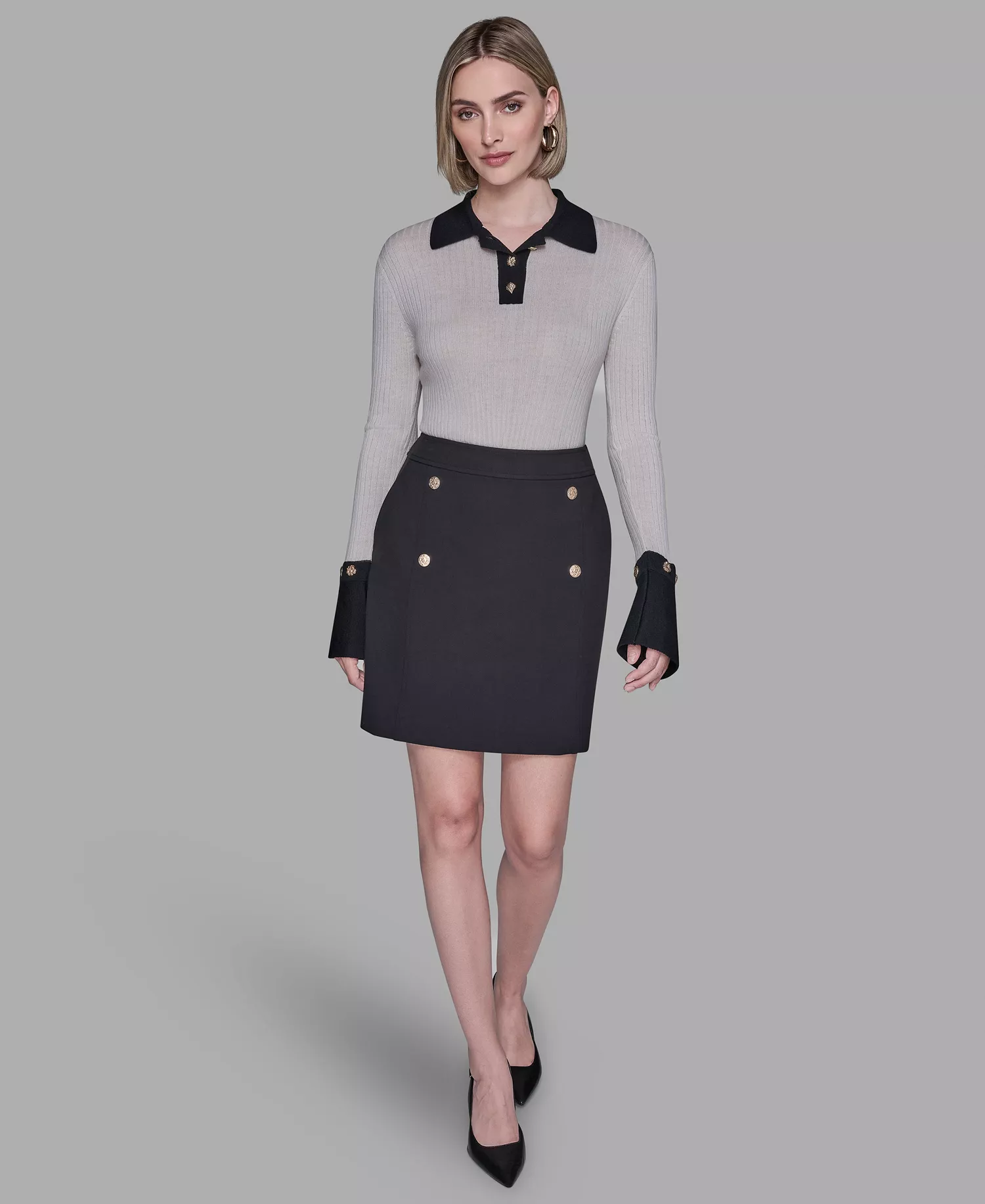 Women's Contrast Collared Sweater - Birch/Black - L