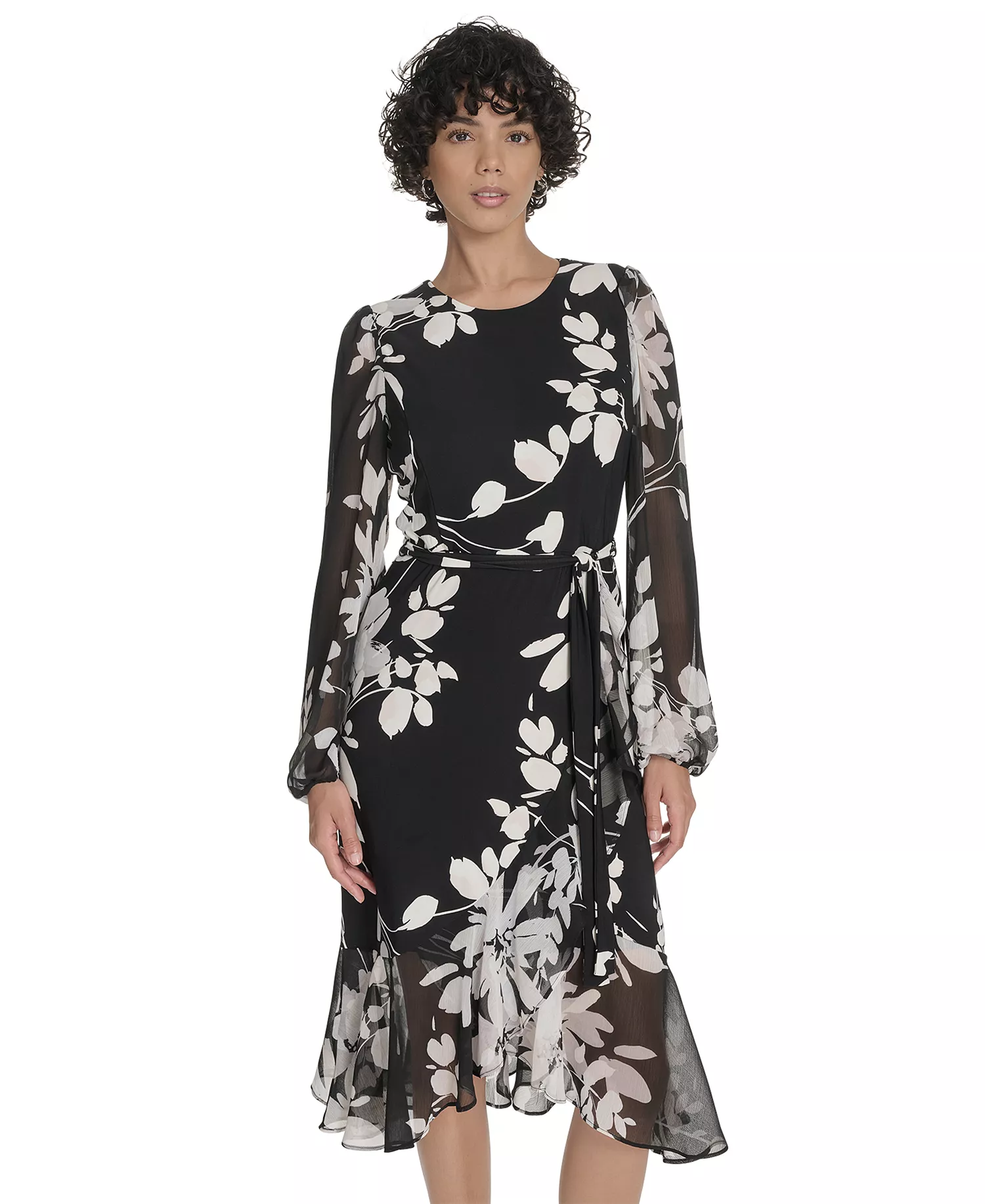 Petite Long-Sleeve Chiffon Combo Midi Dress - Deep Scarlet Multi - 0P