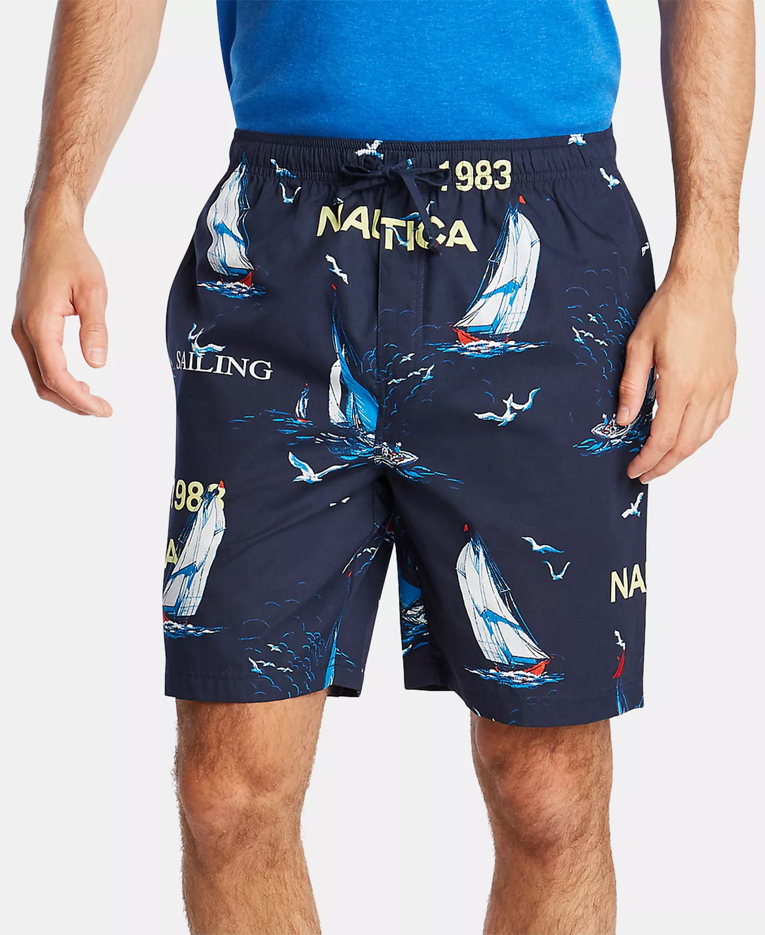 Men's Cotton Sailboat-Print Pajama Shorts - Navy - M