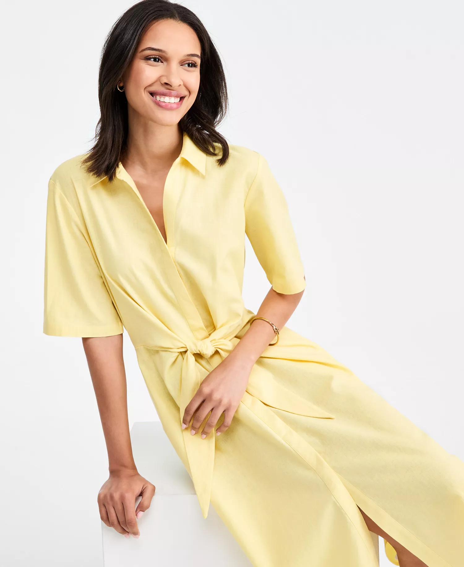 Women's Linen Belted Midi Dress - Citronella - L