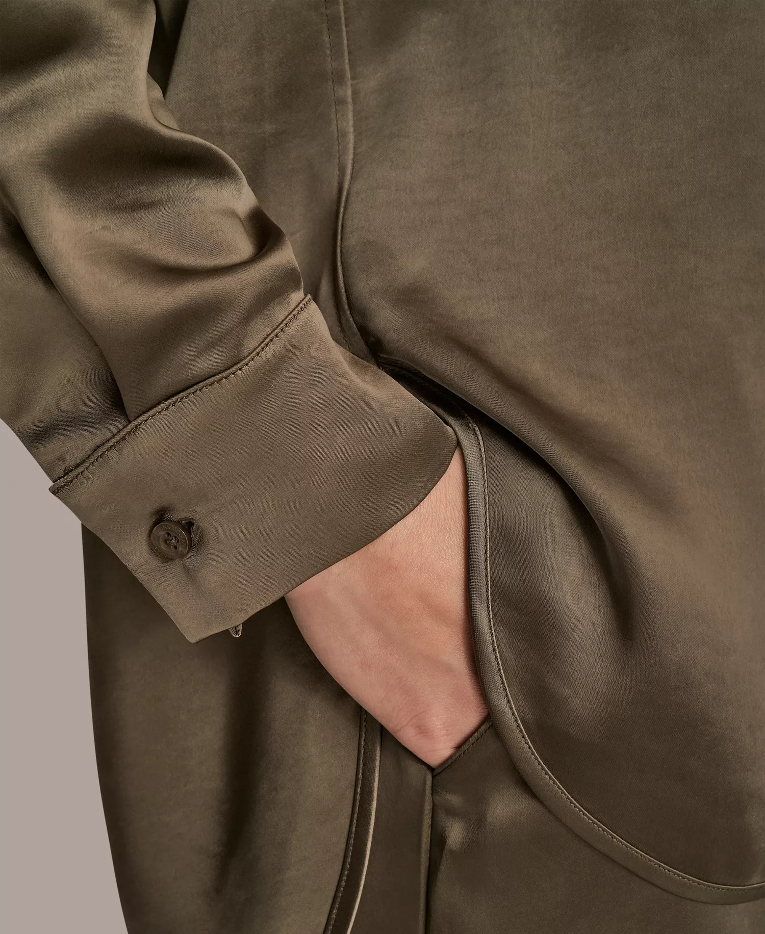 Women's Satin Button-Down Shirt - Khaki Green - L