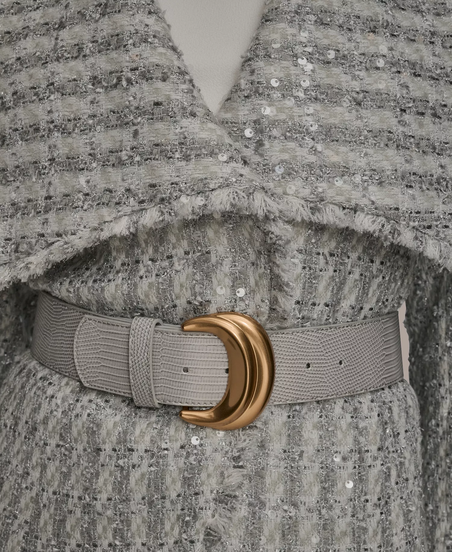 Women's Draped Lapel Collar Belted Sequin Detail Jacket & Pencil Midi Skirt and Printed TurtleNeck Top - Light Vapor Multi - 0